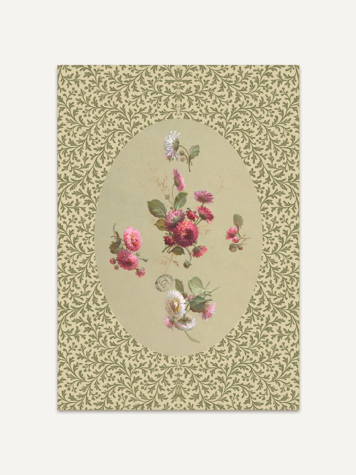 Kunstdruck mit gefüllten Gänseblümchen in Pink und Weiß in einem salbeigrünen Oval auf hellem Grund. Das Oval wird von einem zart gemusterten Rand mit olivgrünen Blattranken eingefasst. #Rahmen_Ohne Rahmen