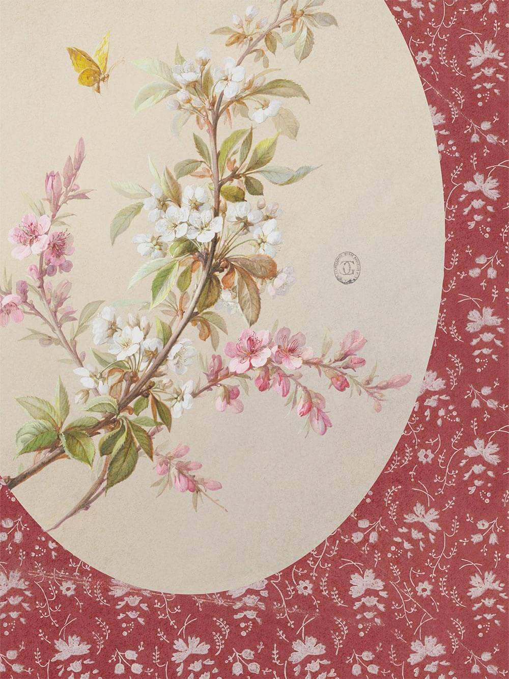 Fein gezeichneter Zweig mit weißen und rosa Blüten. Ein gelber Schmetterling schwebt darüber, das Papier hat eine matte Textur und der rote Hintergrund ist mit zartem Muster verziert.