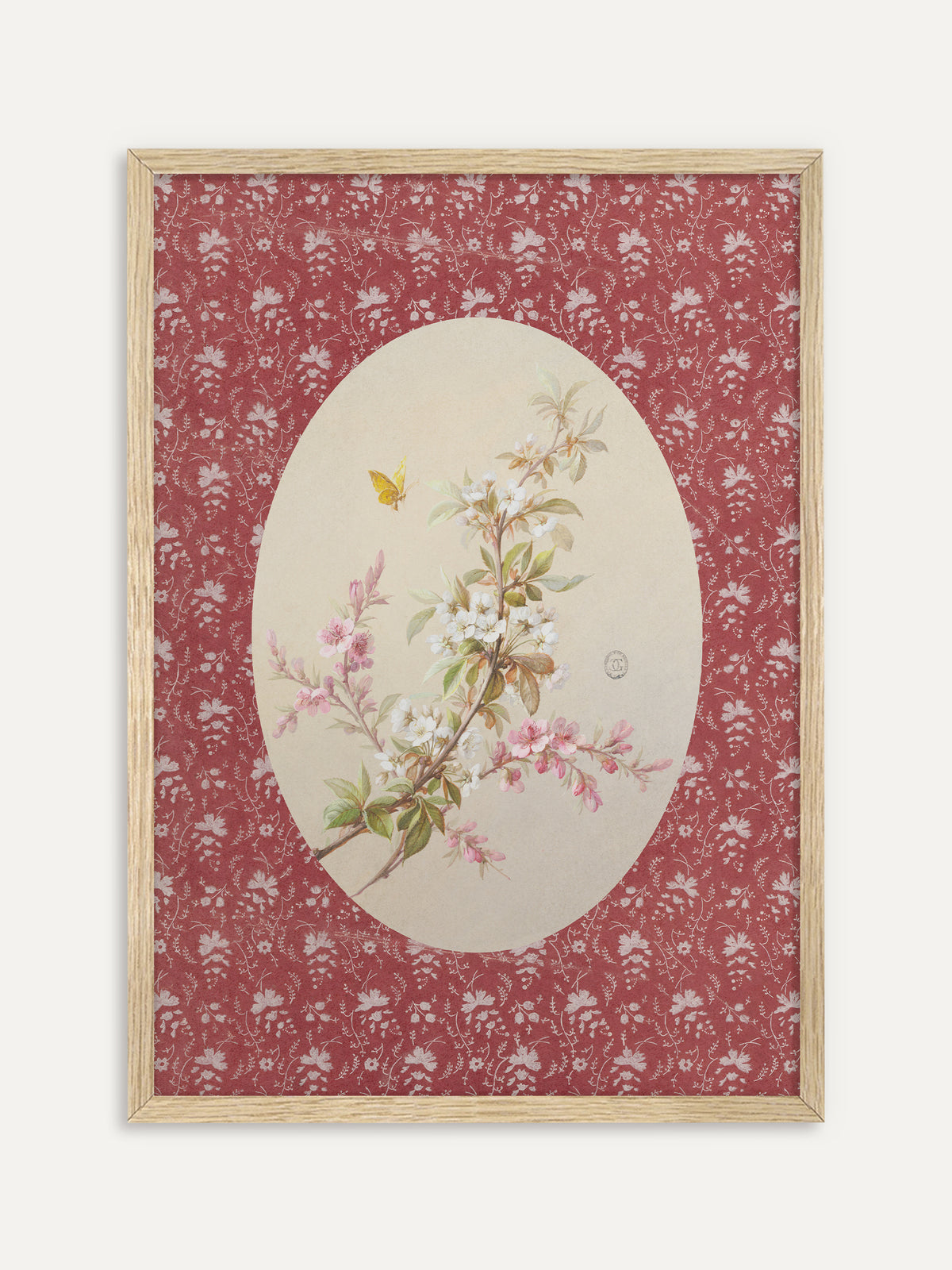 Kunstdruck, der einen blühenden Zweig mit weißen und rosa Blüten und einen gelben Schmetterling in einem cremefarbenen Oval zeigt, eingefasst von einem roten Rand mit hellem Blumenmuster. Im Rahmen aus hellem Holz wirkt das Frühlingsmotiv frisch und passt gut in die Küche. #Rahmen_Helles Holz