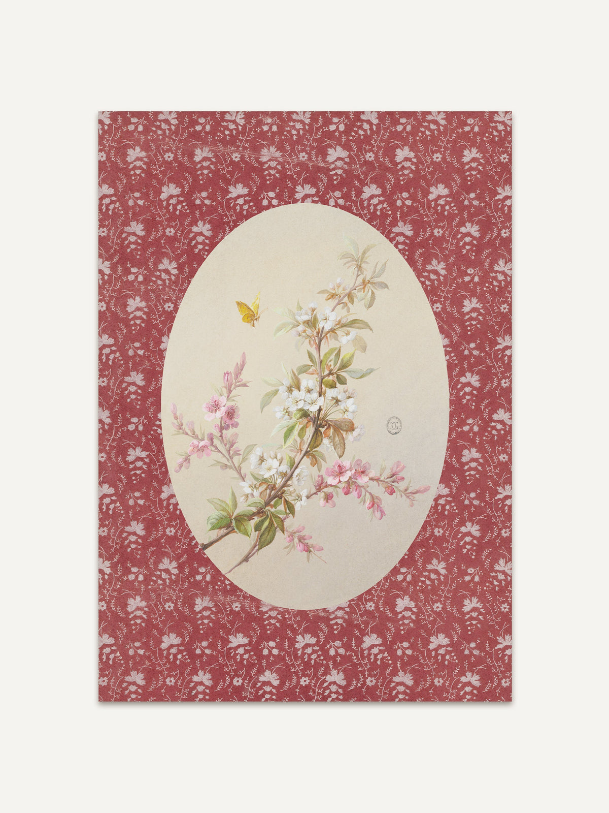 Floraler Kunstdruck mit zartem Blütenzweig in Weiß und Rosa, eingefasst in ein ovales Feld auf rotem Fond. Das Vintage Wandbild erinnert an botanische Illustrationen des 19. Jahrhunderts. #Rahmen_Ohne Rahmen