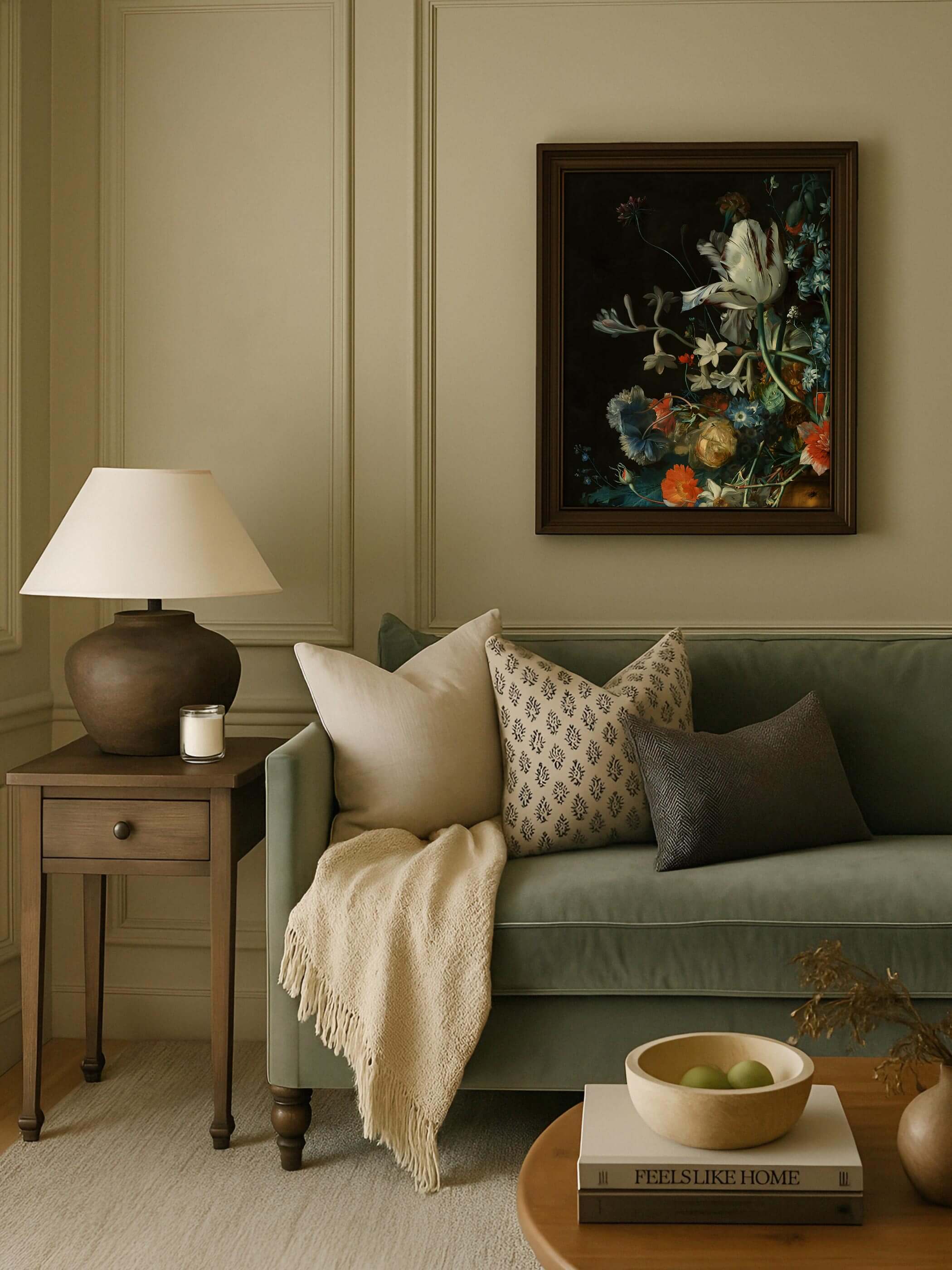 Dunkel gerahmter Kunstdruck mit barockem Blumenstillleben hängt an einer salbeigrünen Wand über einem grünen Samtsofa mit gemusterten Kissen. Das dunkle, elegante Motiv fügt sich harmonisch in die gedeckte Wohnzimmergestaltung ein.