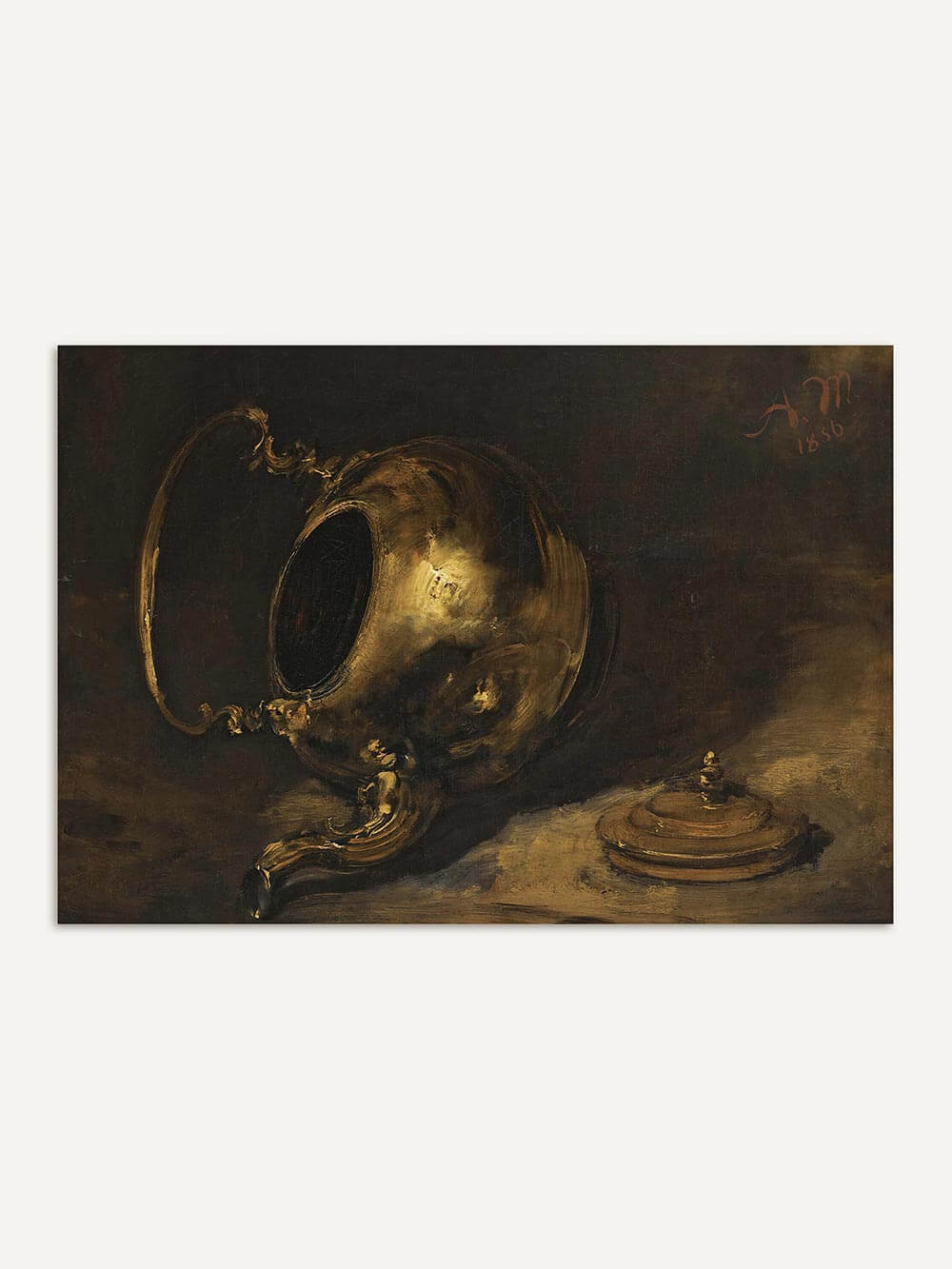 Rustikales Stillleben mit goldener Teekanne auf dunklem Grund, gemalt in dramatischer Lichtführung. Der Barockstil hebt Glanz und Textur des Metalls realistisch hervor.