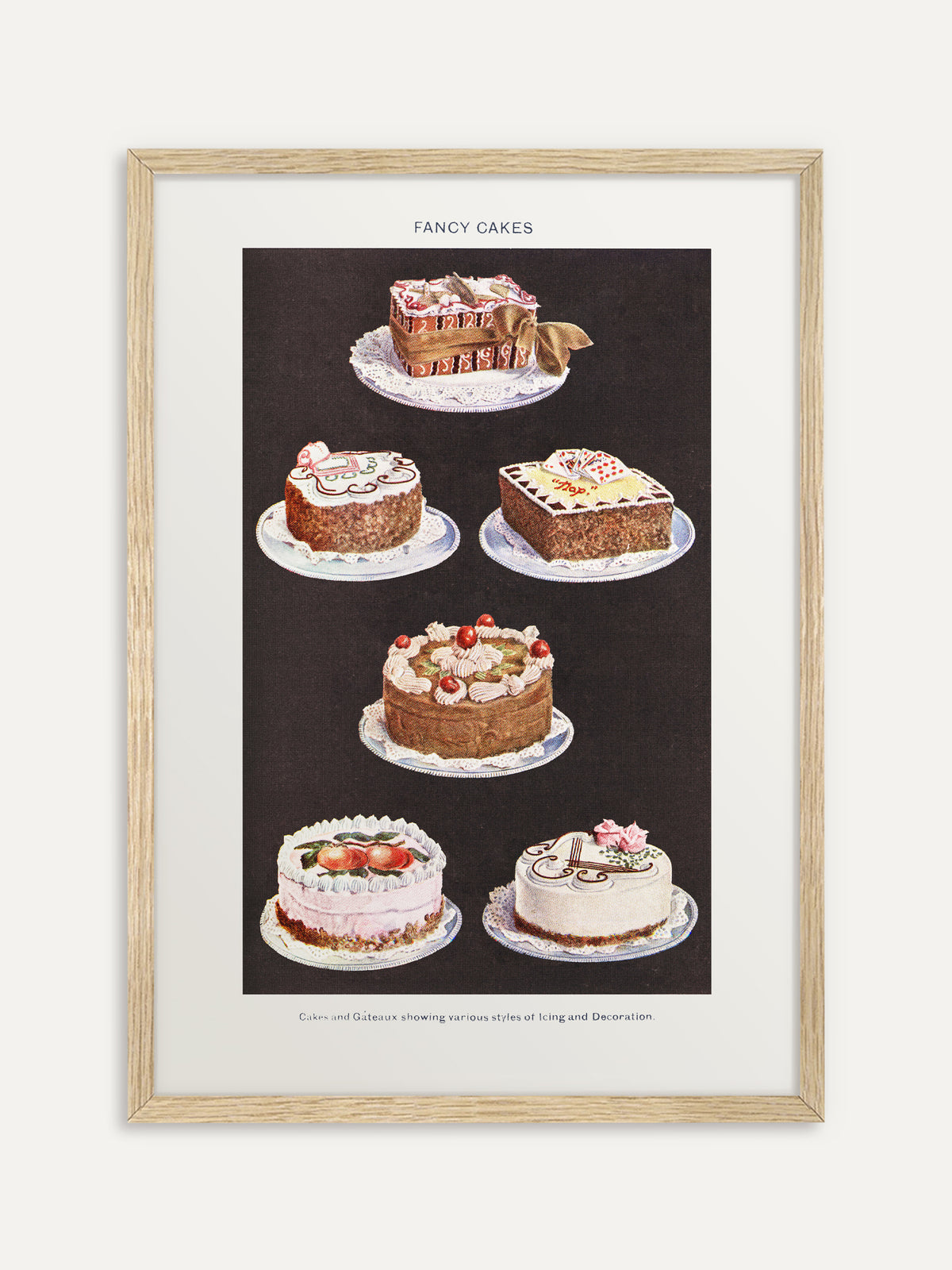 Kunstdruck, der sechs verzierte Torten auf Spitzendeckchen vor schwarzem Hintergrund zeigt, mit Zuckerguss, Sahnetupfen, Kirschen und Zuckerrosen, darüber der Titel Fancy Cakes. Im hellen Holzrahmen wirkt das Retro-Küchenposter freundlich. #Rahmen_Helles Holz