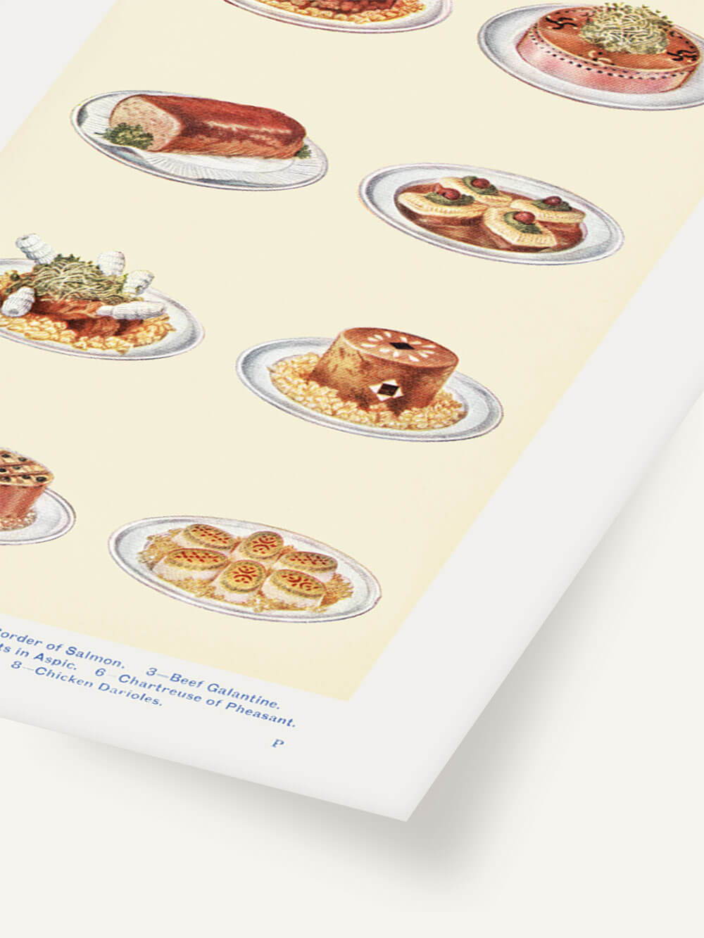 Detailansicht eines Vintage-Kunstdrucks von kalten Vorspeisen aus den 1920er Jahren, darunter Lachs-Terrine, Rindergalantine und Hühnchen-Darioles, auf cremefarbenem Hintergrund.
