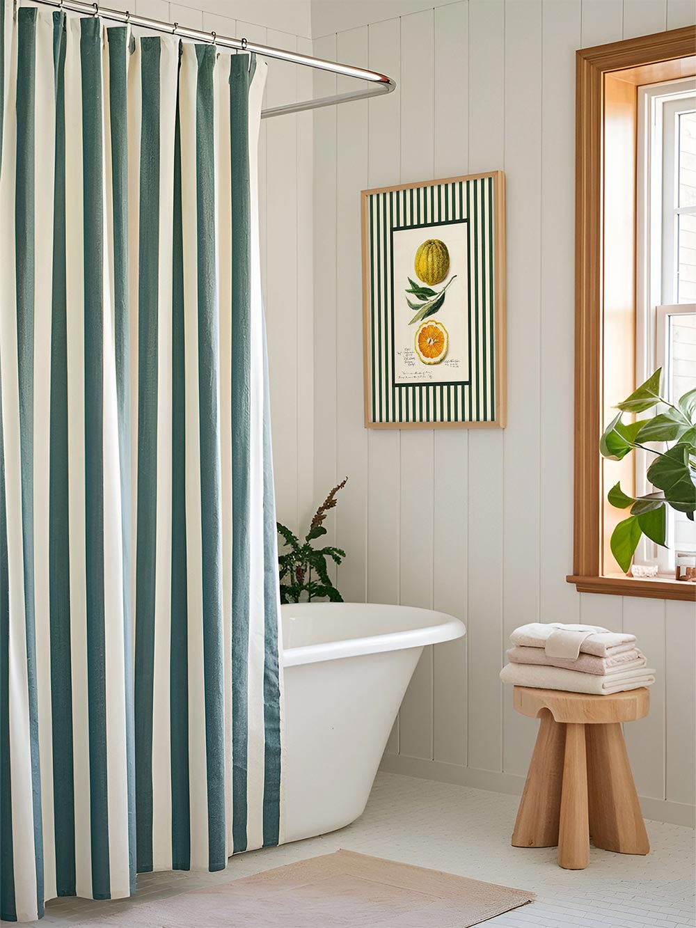 Grün-gestreifter Orangen-Kunstdruck in natürlichem Holzrahmen, aufgehängt in einem hellen Bad mit passendem Duschvorhang – dekoratives Vintage-Motiv mit botanischem Flair.