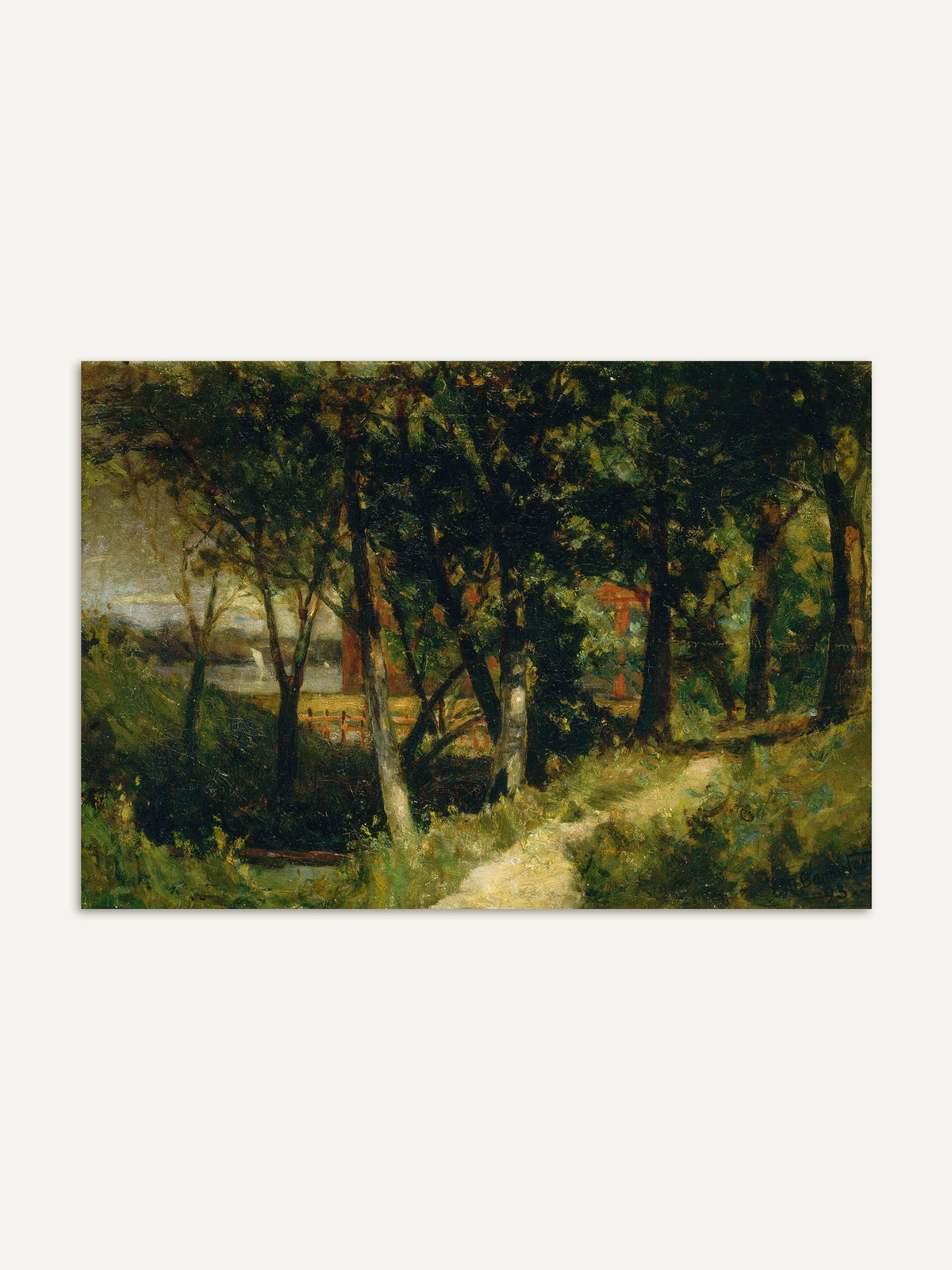 Kunstdruck einer ruhigen Waldlandschaft von Edward Mitchell Bannister aus dem Jahr 1903. Dichter, grüner Wald mit einem Pfad, der sich durch das Bild schlängelt, eingefangen in natürlichen Farbtönen. Passend für klassische und naturnahe Dekorationen. #Rahmen_Ohne Rahmen