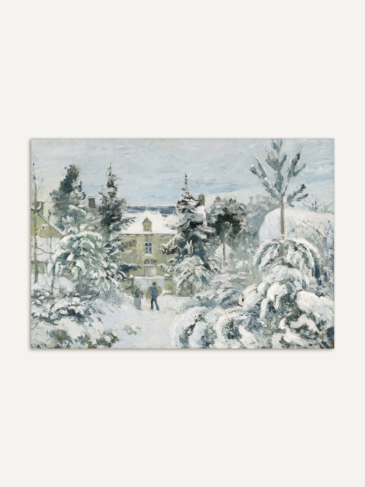 Winterlandschaft Kunstdruck mit verschneiten Bäumen und Haus in impressionistischem Stil, das Wandbild zeigt sanfte Grautöne und Weiß mit strukturreicher Oberfläche. #Rahmen_Ohne Rahmen