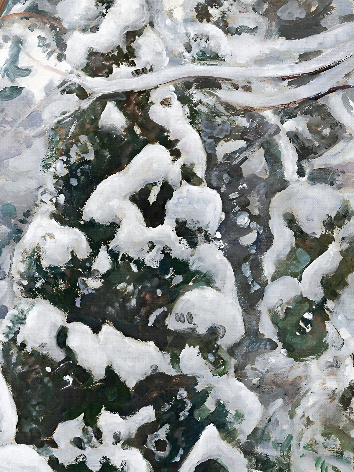 Detailansicht des Kunstdrucks mit schneebedeckten Wacholderzweigen in tiefem Grün und Weiß, die die Struktur der Schneehauben zeigt.