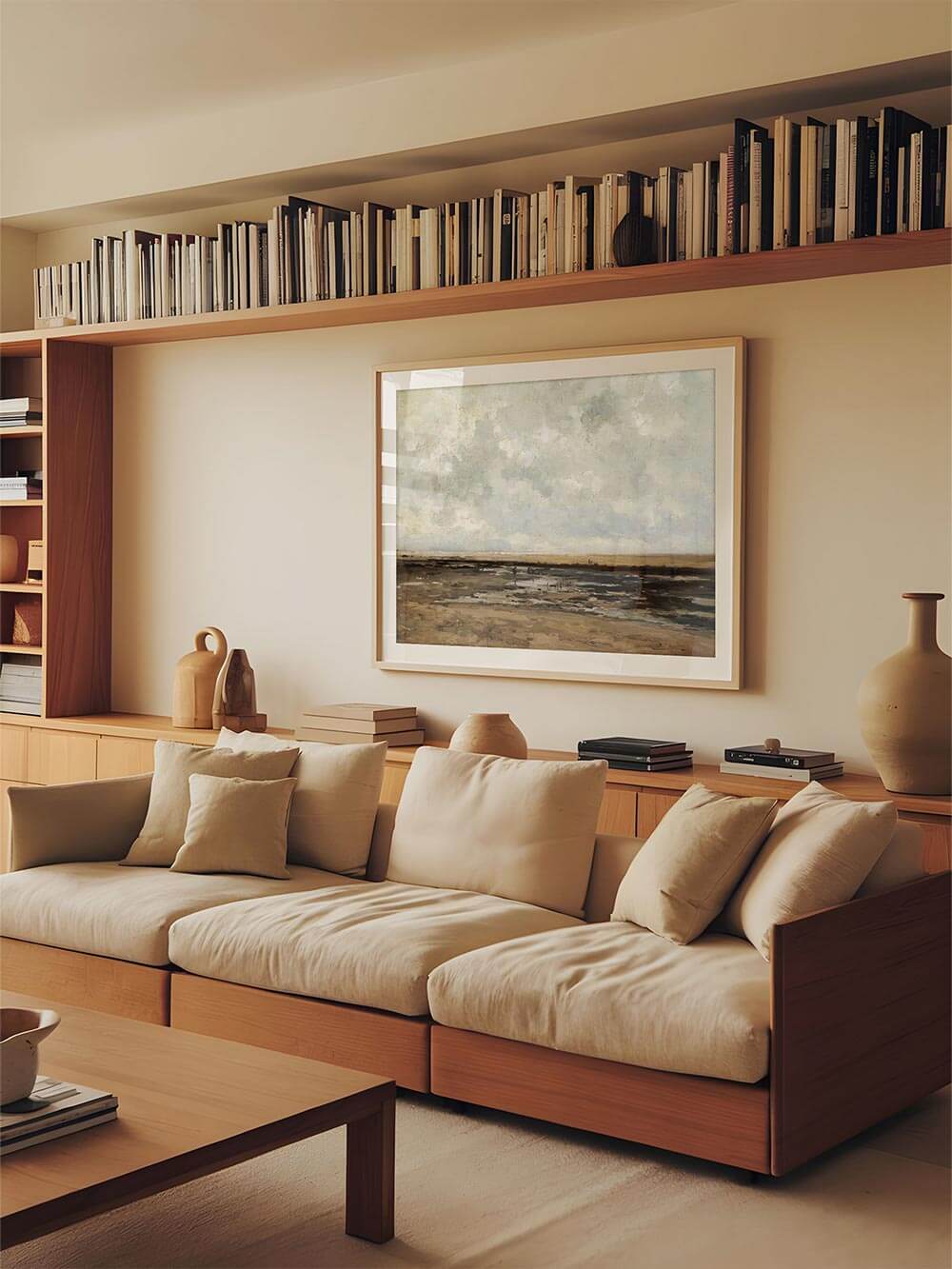 Gerahmter Landschafts-Kunstdruck über einem Sofa in einem warmen, minimalistischen Wohnzimmer mit Holzregalen und neutralen Textilien. Das Wandbild fügt sich harmonisch in eine ruhige Einrichtung ein und unterstreicht einen eleganten, zeitlosen Wohnstil.