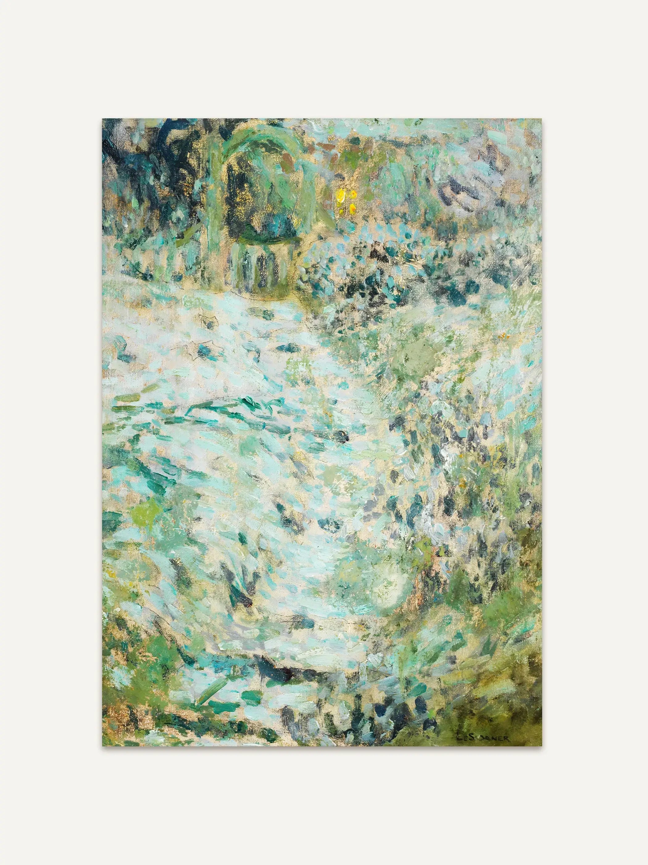 Kunstdruck einer abstrakten Landschaft in Türkis, Grün und Gold mit angedeutetem Gartenweg und Laube. Das Wandbild eignet sich für Wohnzimmer, Badezimmer und Schlafzimmer.