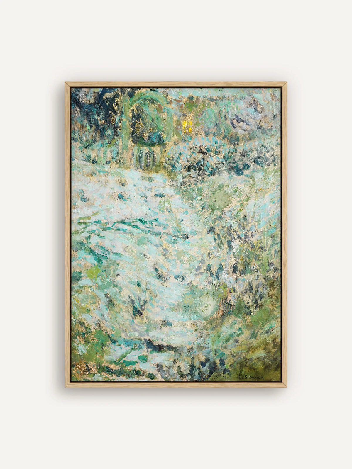 Abstrakte Landschaft als Leinwandbild im naturfarbenen Schattenfugenrahmen. Dichte Farbtupfen in Türkis, Mintgrün und Gold deuten einen Gartenweg und eine Laube mit Rundbogen an. #Rahmen_Natur