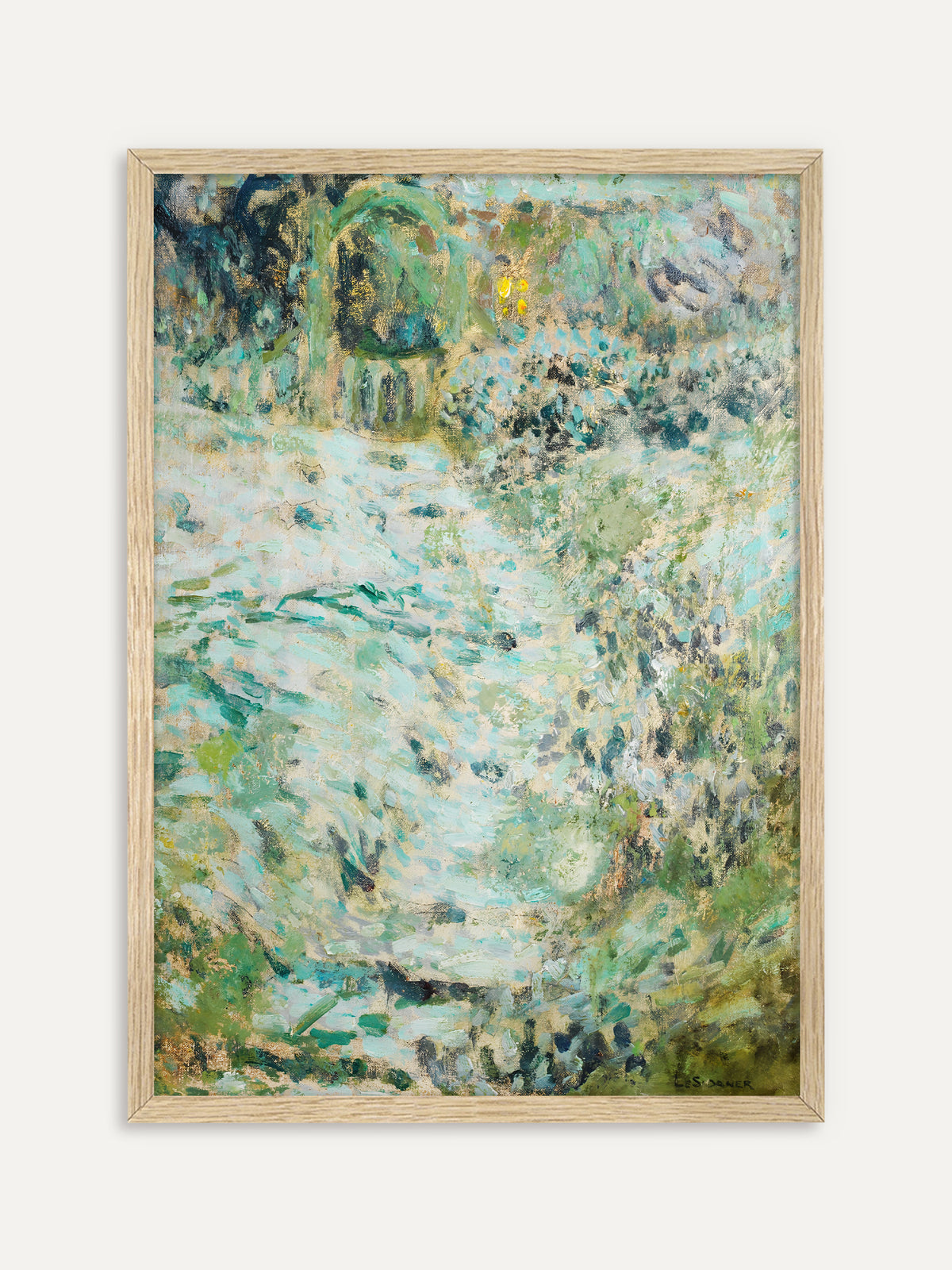 Kunstdruck, der einen Garten mit Rosenbogen und hellem Weg in Türkis, Grün und Gold zeigt, gemalt in lockeren, flirrenden Farbflecken. Der helle Holzrahmen unterstreicht die lichte, sommerliche Vintage-Stimmung. #Rahmen_Helles Holz