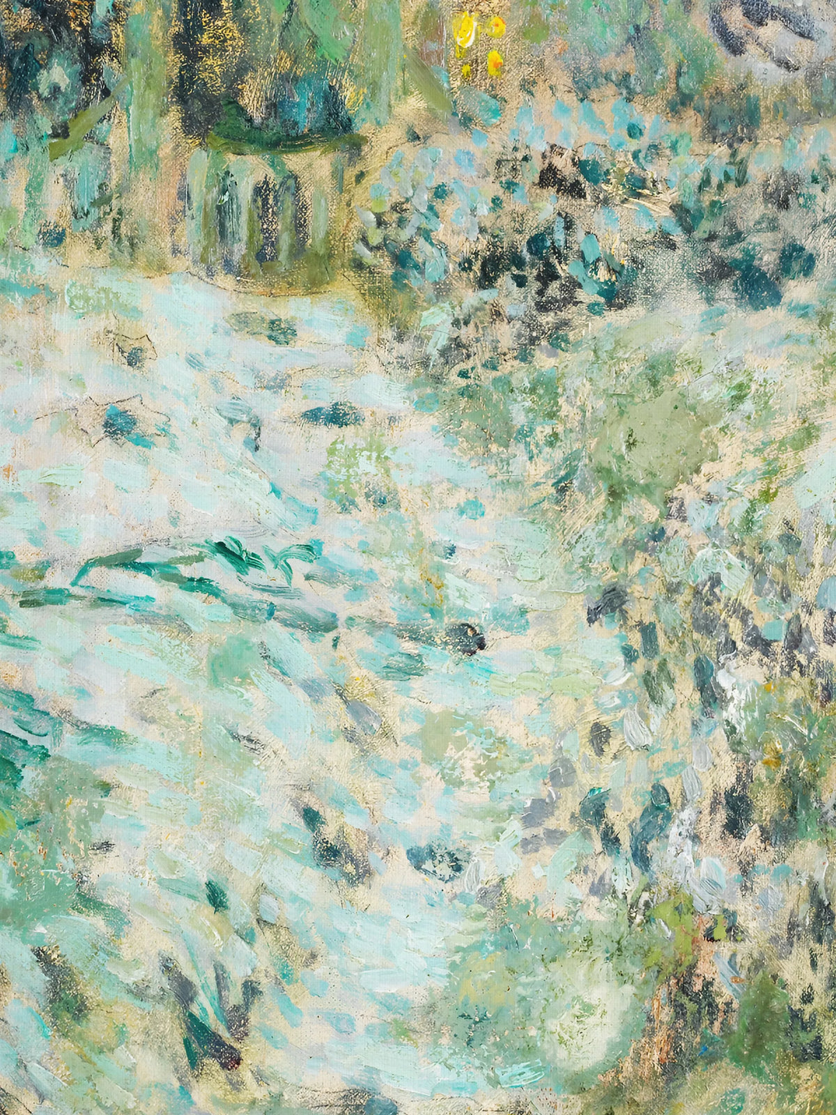 Detailaufnahme des Leinwandbildes mit sichtbarer Leinwandstruktur. Kurze, dichte Pinselstriche in Türkis, Mintgrün, Dunkelblau und Gold liegen nebeneinander, oben leuchten gelbe Farbpunkte.