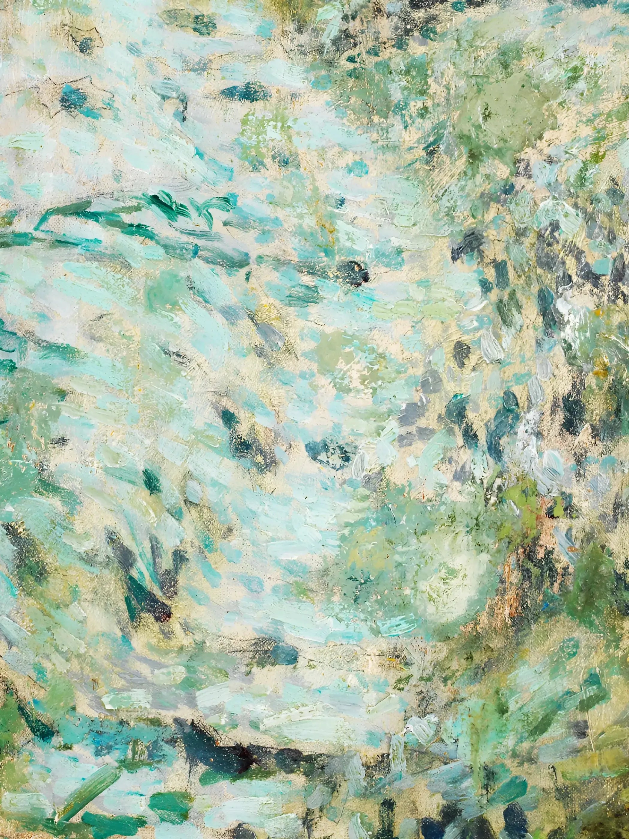 Nahaufnahme des Landschafts-Kunstdrucks zeigt die dichten, pastosen Pinselstrukturen in Türkis, Grün und Gold im Detail. Die changierenden Farbnuancen unterstreichen den vintage Charakter dieses Wandbilds.