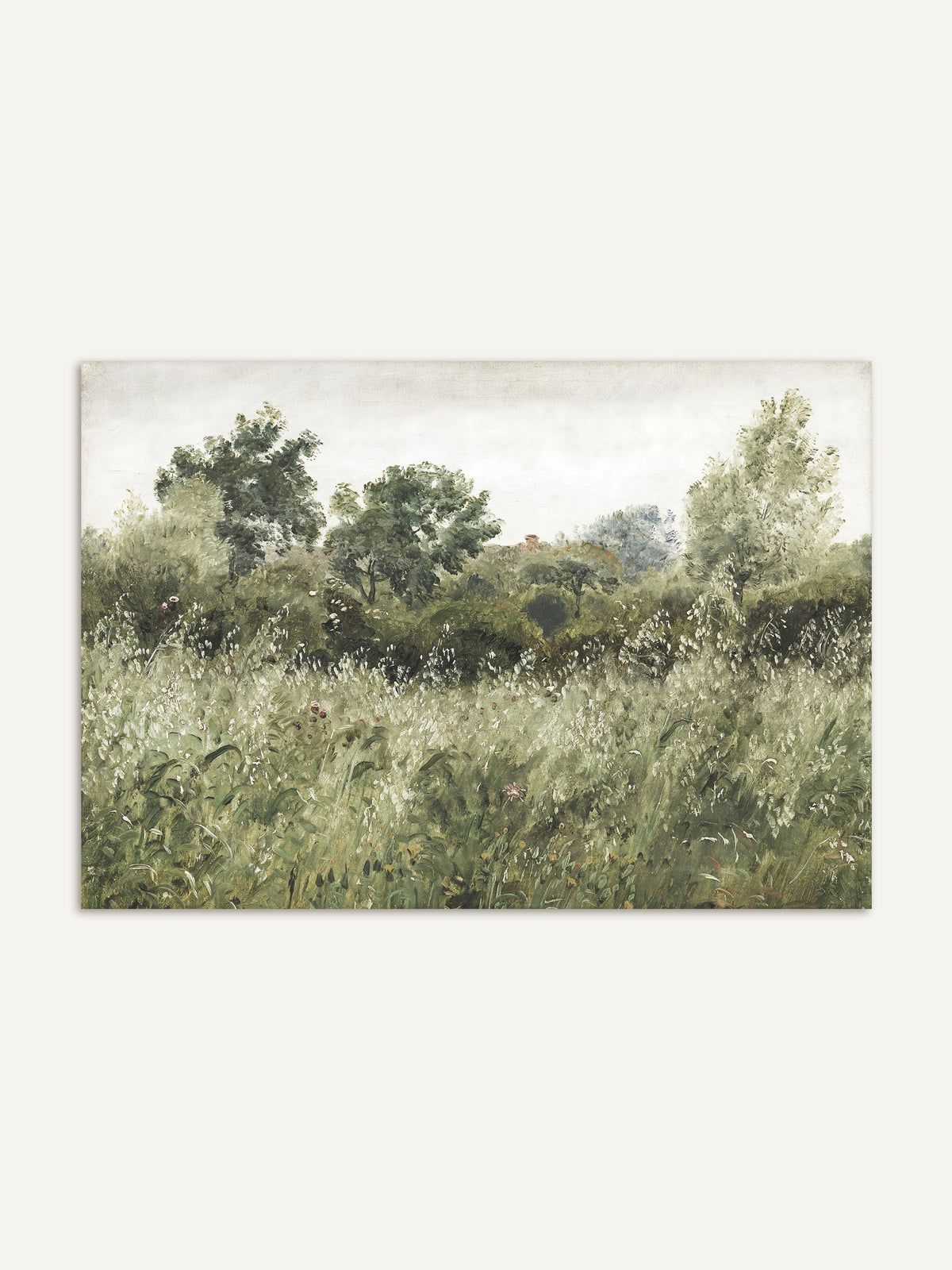 Vintage Kunstdruck eines Haferfeldes, umgeben von üppigem Grün und Bäumen, mit einer sanften, natürlichen Farbpalette im klassischen Landschaftsstil. #Rahmen_Ohne Rahmen