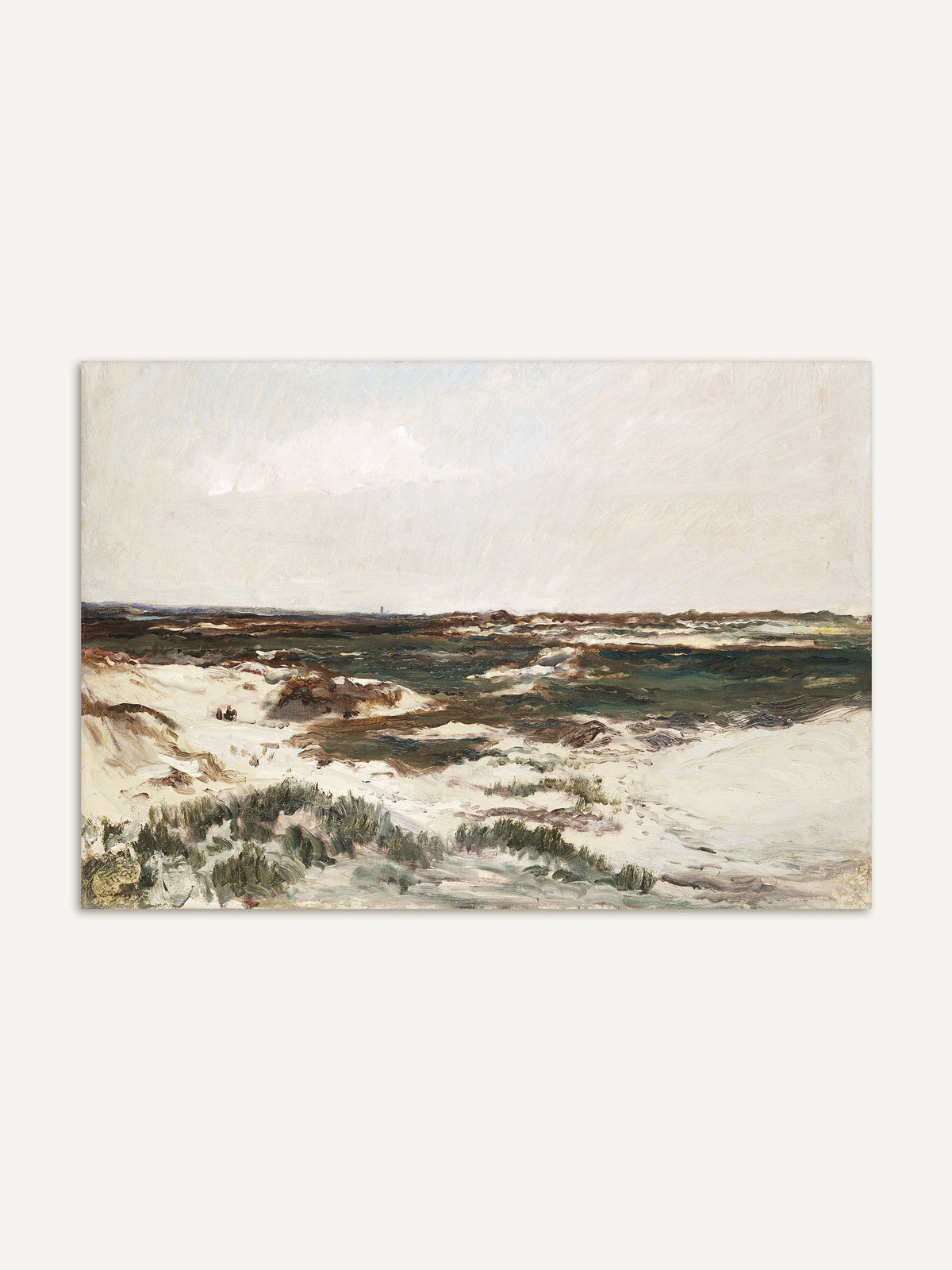 Vintage Kunstdruck der Dünen von Camiers mit einer weitläufigen Landschaft aus Sanddünen und Vegetation, die sich bis zum Horizont erstreckt. Das Gemälde zeigt eine ruhige, naturbelassene Szene am Meer unter einem bewölkten Himmel. #Rahmen_Ohne Rahmen