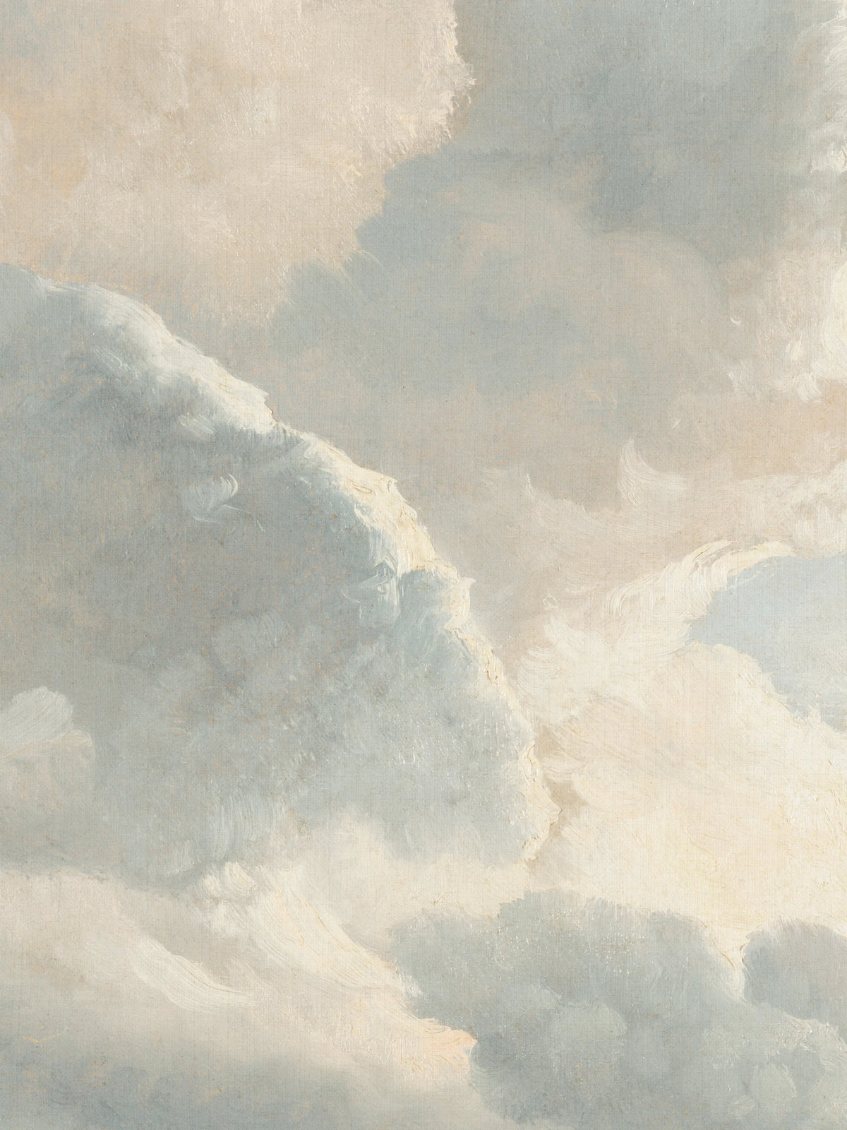 Detailaufnahme des Wolkenbildes mit sichtbarer Leinwandstruktur. Die Wolken sind in lockeren Pinselstrichen in Blaugrau, Weiß und warmem Creme gemalt, die hellen Ränder leuchten wie von der Sonne beschienen.