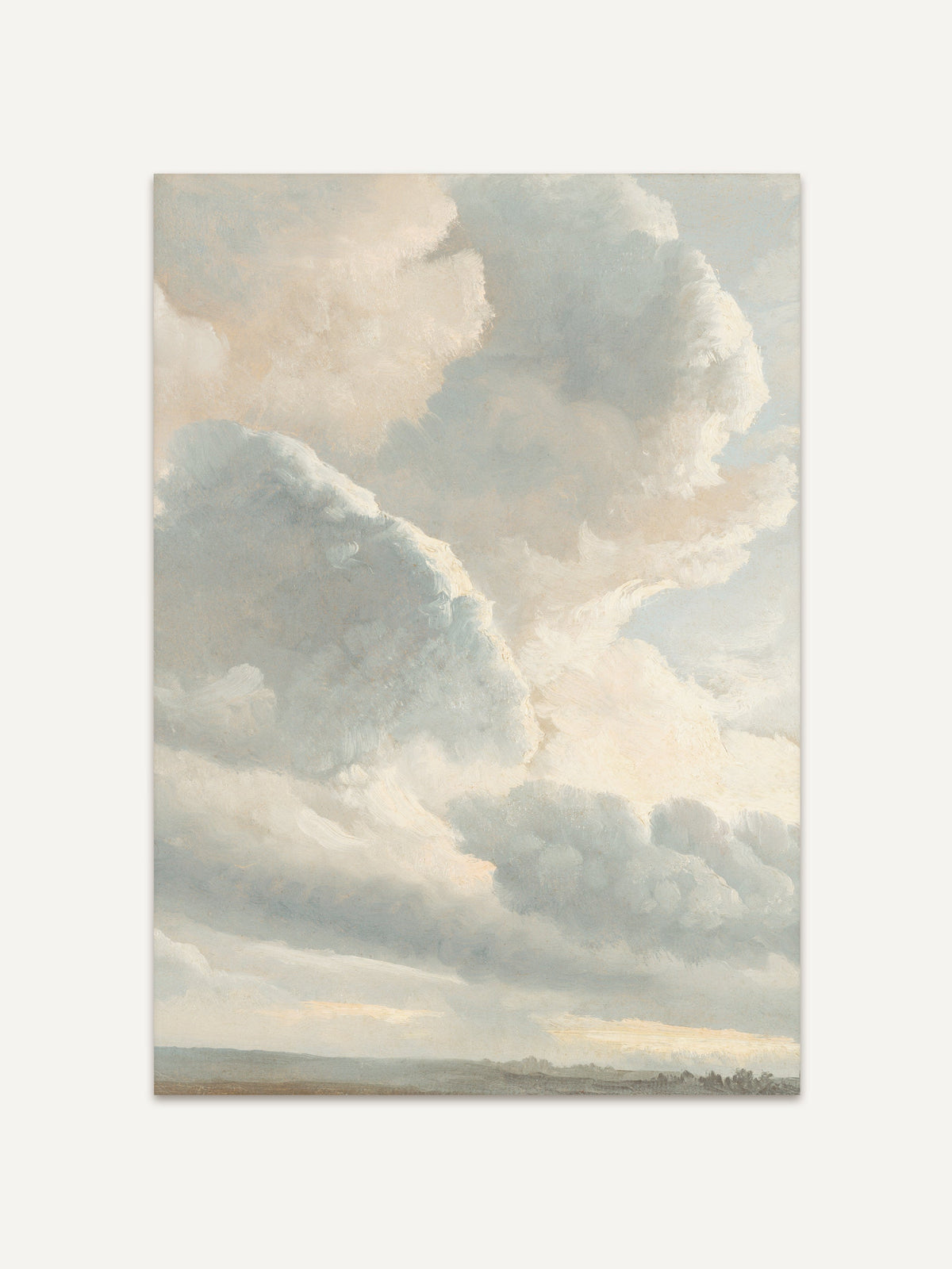 Vintage Wolken-Poster mit weichen, pastellfarbenen Wolken, die sich über eine weite Landschaft erstrecken. Der Himmel dominiert das Bild, während der Horizont zart am unteren Rand erscheint. #Rahmen_Ohne Rahmen