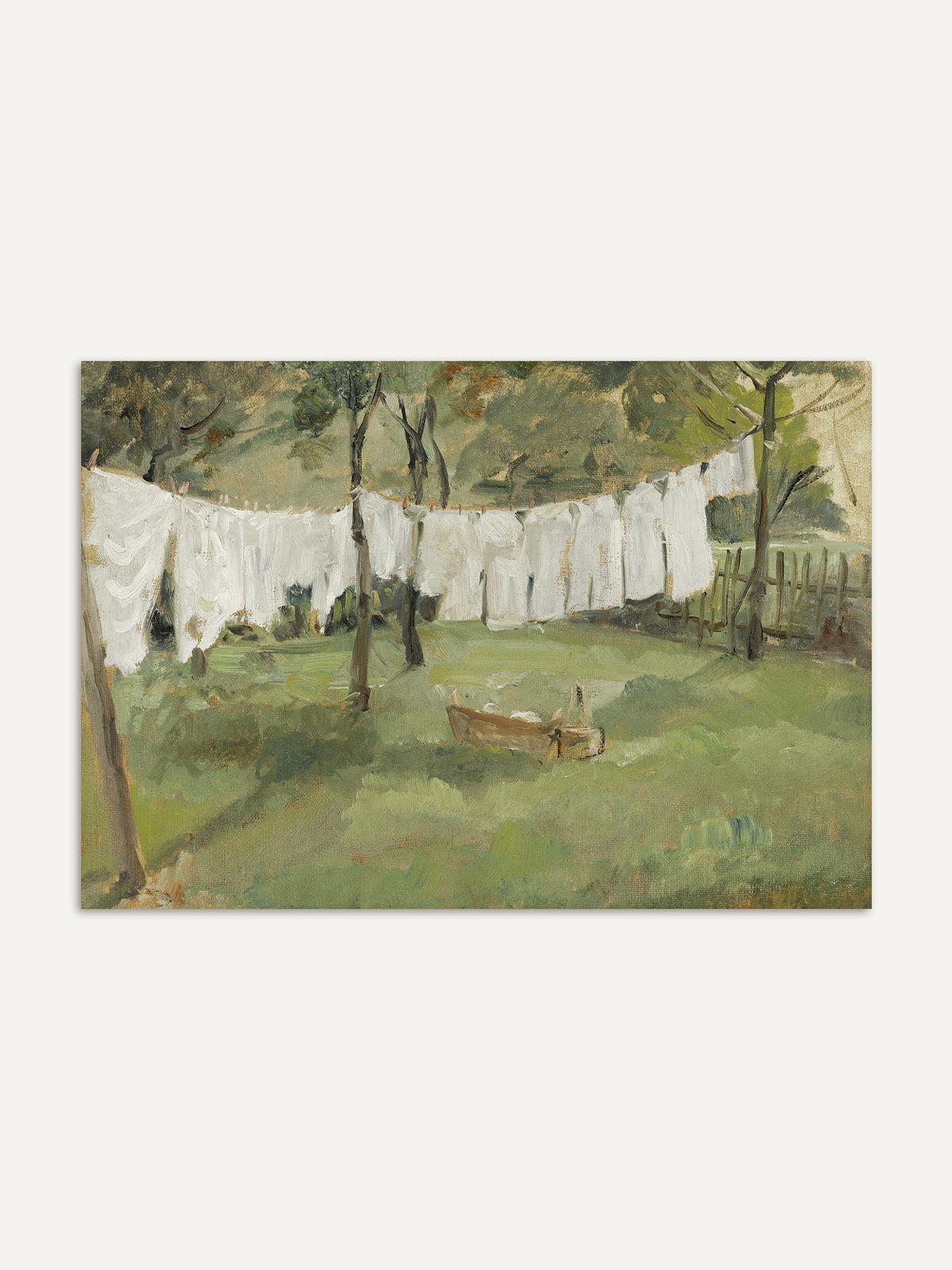 Vintage-Kunstdruck von Johann Sperl aus dem Jahr 1905, der eine idyllische Szene mit einer Wäscheleine und weißen Laken im Garten, umgeben von Bäumen und grünen Wiesen. #Rahmen_Ohne Rahmen