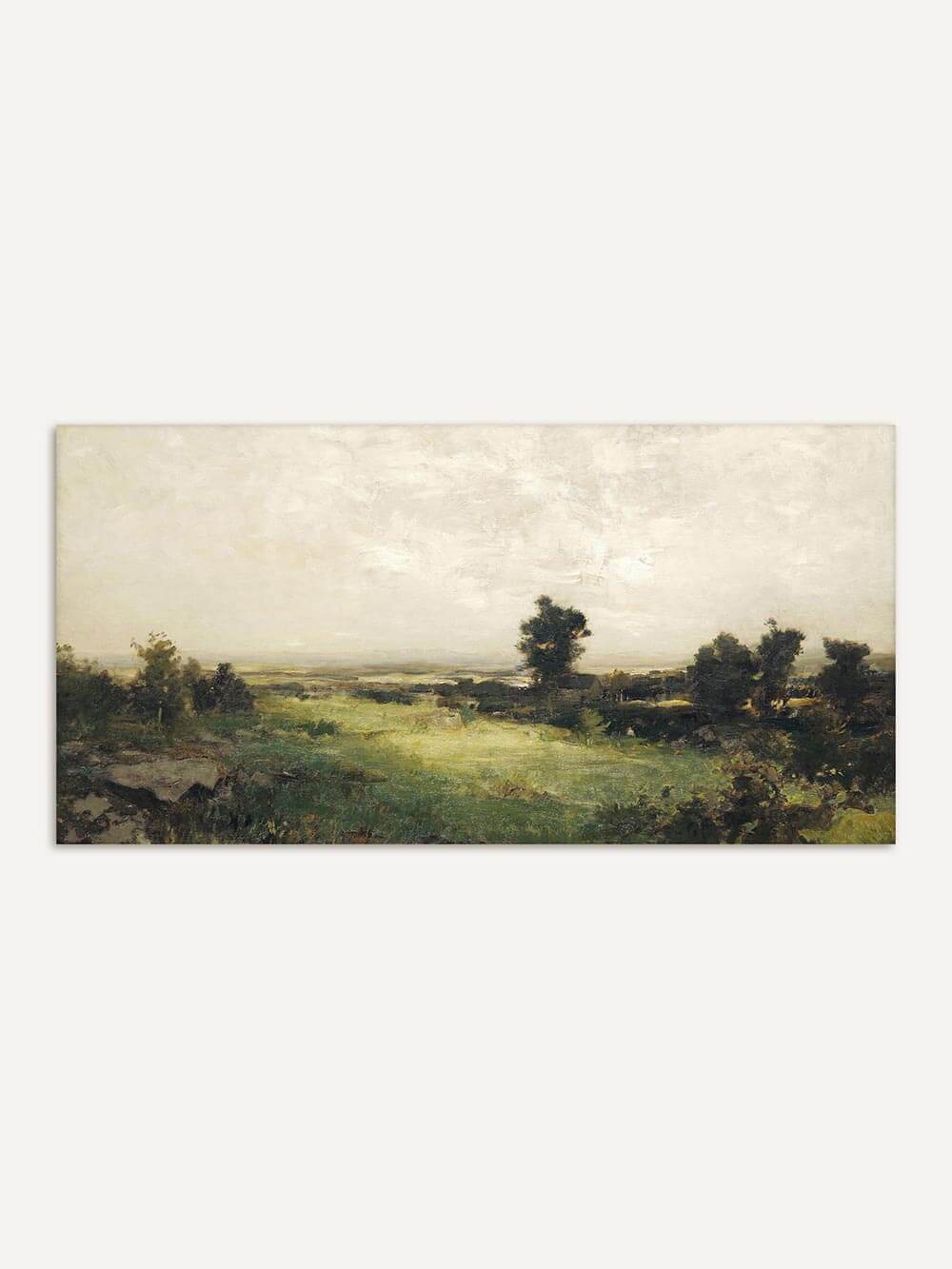 Antike Landschaft im Panoramaformat mit hellem Himmel, Wiesen und Bäumen in weichen Grüntönen. Zeitloser Kunstdruck im Vintage-Stil, perfekt für elegante Wohnräume oder minimalistische Galeriewände.