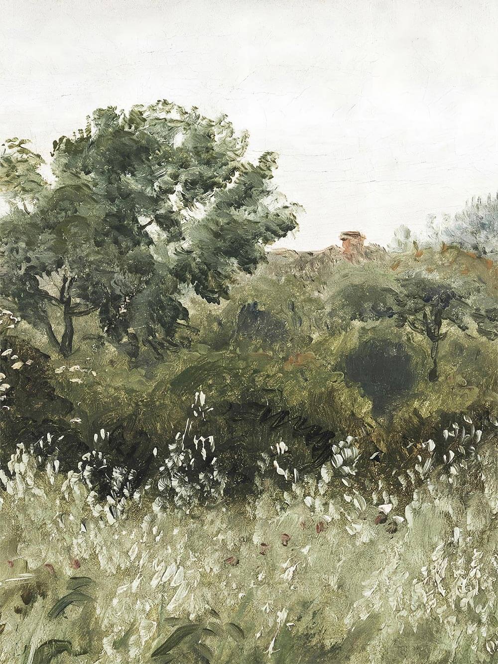 Nahaufnahme mit fein gemalten Blättern, zarter Textur und impressionistischen Pinselstrichen in Grün- und Beigetönen. Zeigt die hochwertige Struktur des Kunstdrucks – ideal für naturinspirierte Raumdekoration.