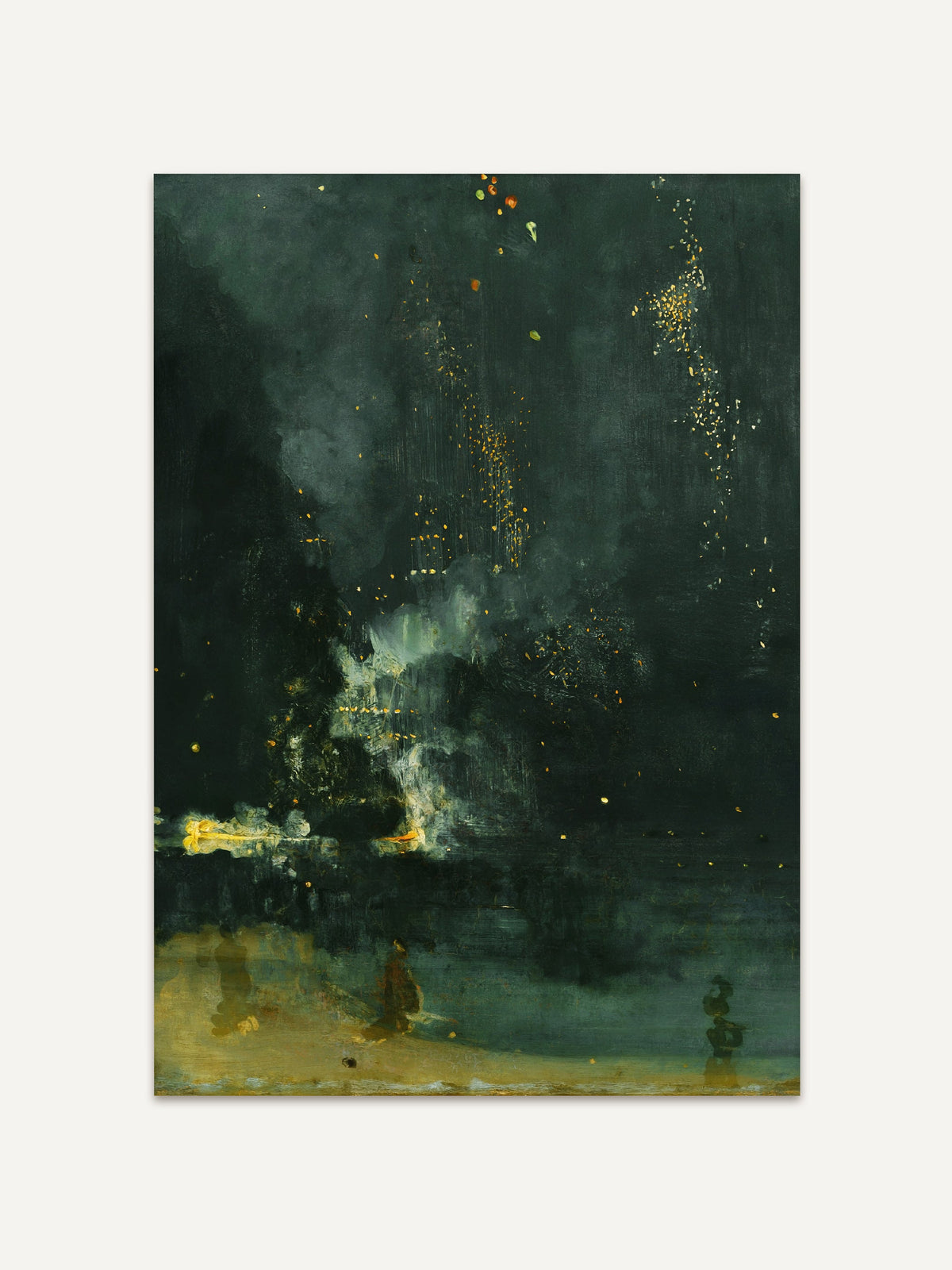 Poster "Nocturne" von James Abbott McNeill Whistler. Das Gemälde zeigt eine stimmungsvolle Nachtszene mit dunklen Tönen, goldenen Funken und schimmernden Lichtern über Wasser, inspiriert von Feuerwerken. Ideal für moderne Wohnräume, die eine ruhige und geheimnisvolle Atmosphäre schaffen möchten. #Rahmen_Ohne Rahmen