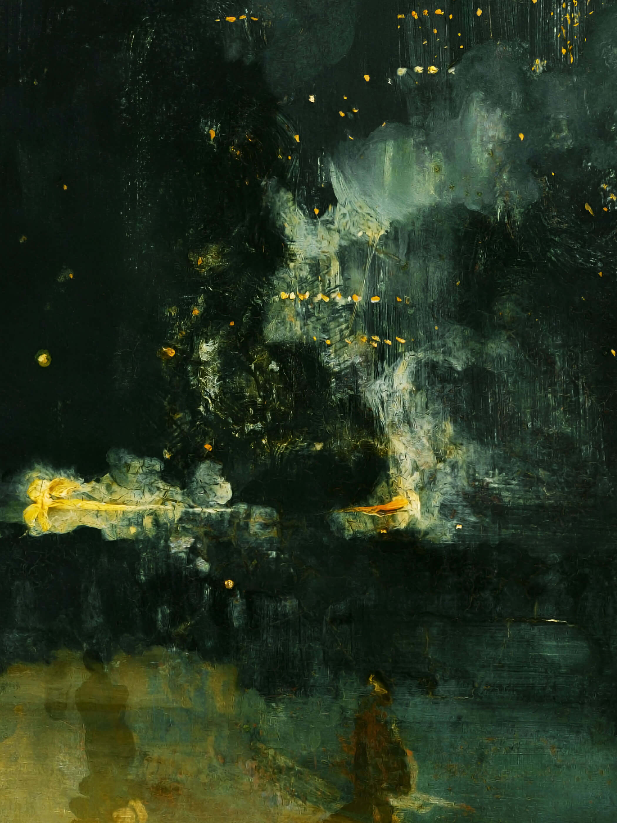 Detailansicht des Posters "Nocturne" von James Abbott McNeill Whistler. Die Nahaufnahme zeigt feine goldene Funken, die in einem dunklen, mystischen Nachthimmel schweben. Ideal für Kunstliebhaber, die subtile und atmosphärische Kunst in ihren Räumen bevorzugen.