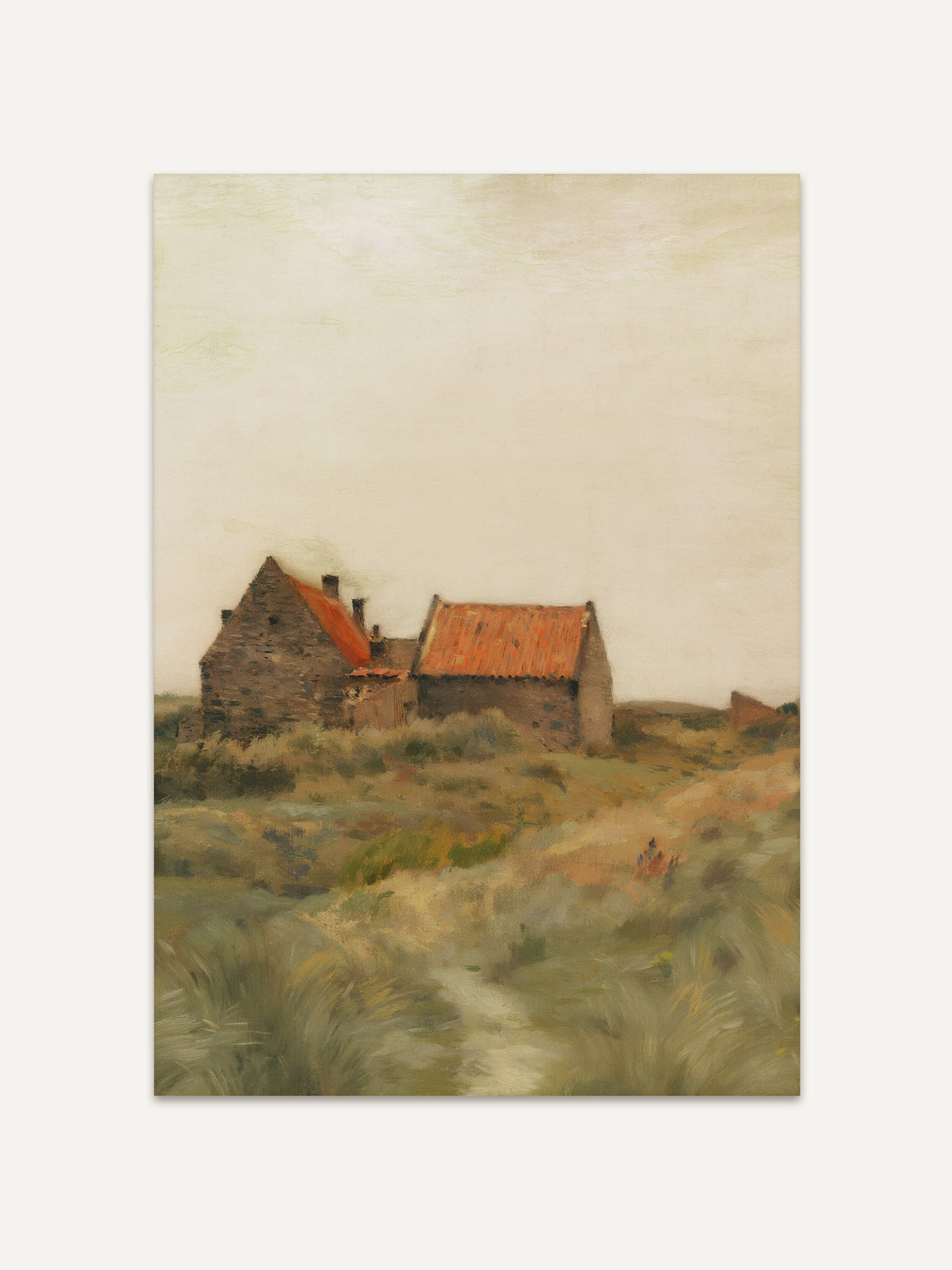Kunstdruck einer herbstlichen Landschaft mit einem alten Steinhaus und roten Ziegeldächern, umgeben von wilden Gräsern unter einem bewölkten Himmel, der eine ruhige, melancholische Stimmung vermittelt. #Rahmen_Ohne Rahmen