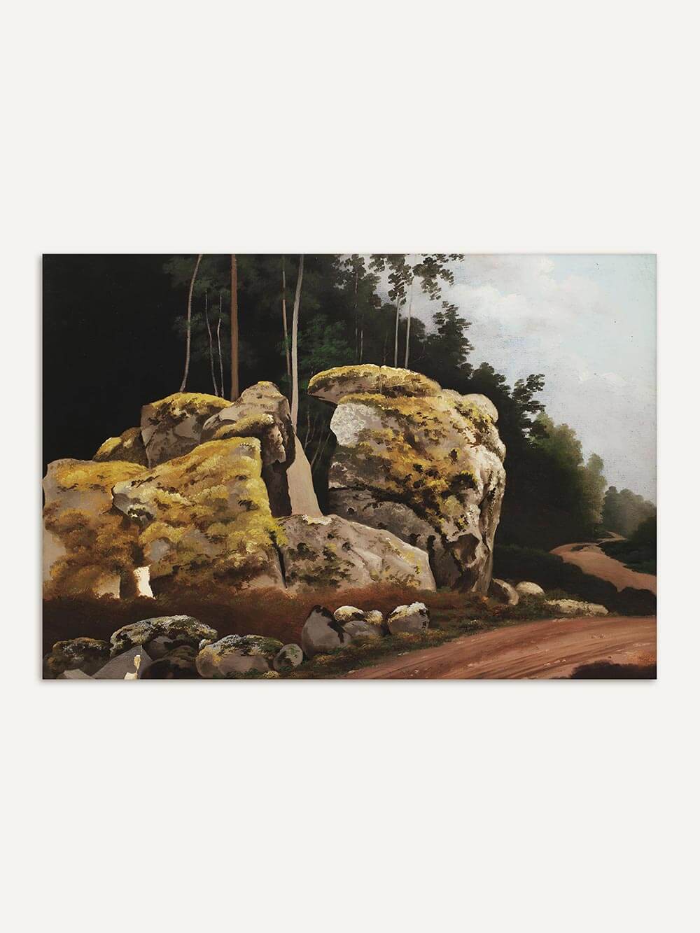Landschaftsgemälde mit moosbewachsenen Felsen und einem Waldweg im Hintergrund. Die detailreiche Malerei zeigt eine stimmungsvolle Naturkulisse mit warmen Erdtönen und sattem Grün. Perfekt als klassisches Wandbild für Natur- und Kunstliebhaber.