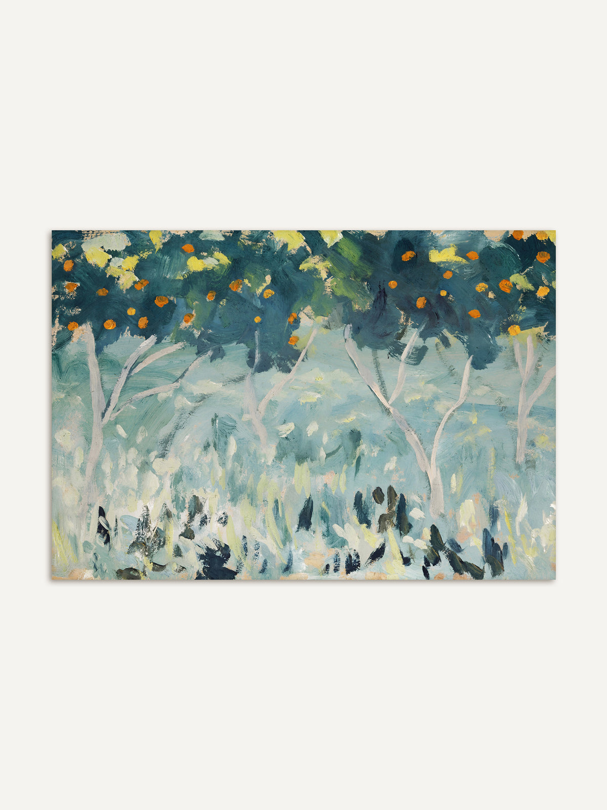 Kunstdruck mit Orangenbäumen, deren petrolfarbene Kronen voller leuchtend oranger Früchte über hellen, schlanken Stämmen und einem Boden aus Hellblau, Mint und Creme stehen. Das mediterrane Wandbild wirkt frisch und sommerlich. #Rahmen_Ohne Rahmen