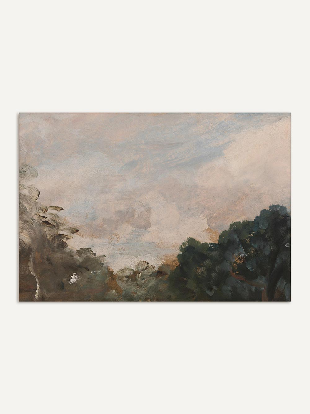 Horizontale Landschaftsmalerei mit hellem, wolkigem Himmel und dunkler, erdiger Landschaft im unteren Bereich. Der Kunstdruck wirkt ruhig und ausgewogen und eignet sich als zeitloses Poster oder Wandbild für moderne und klassische Interiors.