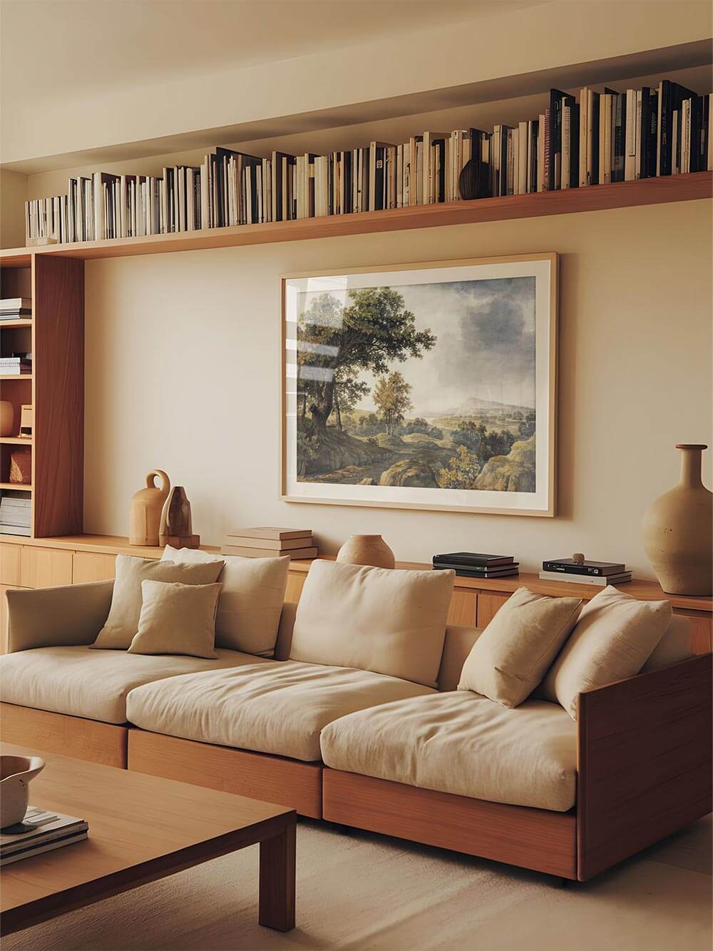 Der große Landschafts-Kunstdruck hängt gerahmt über einem hellen Sofa. Das Vintage Wandbild mit Bäumen und Hügeln verleiht dem Wohnzimmer eine warme, ruhige Note.