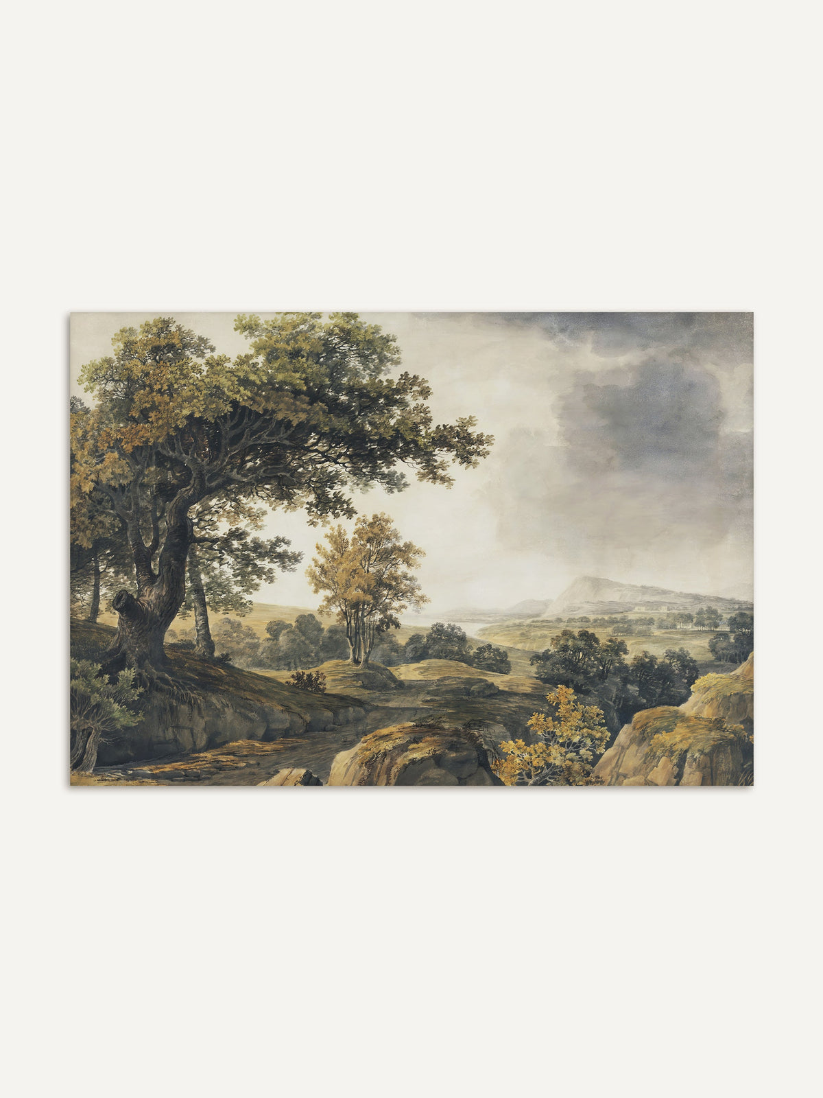Vintage Kunstdruck einer weitläufigen Landschaft mit alten Bäumen, sanften Hügeln und wolkenverhangenem Himmel. Das detailreiche Wandbild zeigt Natur in erdigen Grüntönen. #Rahmen_Ohne Rahmen