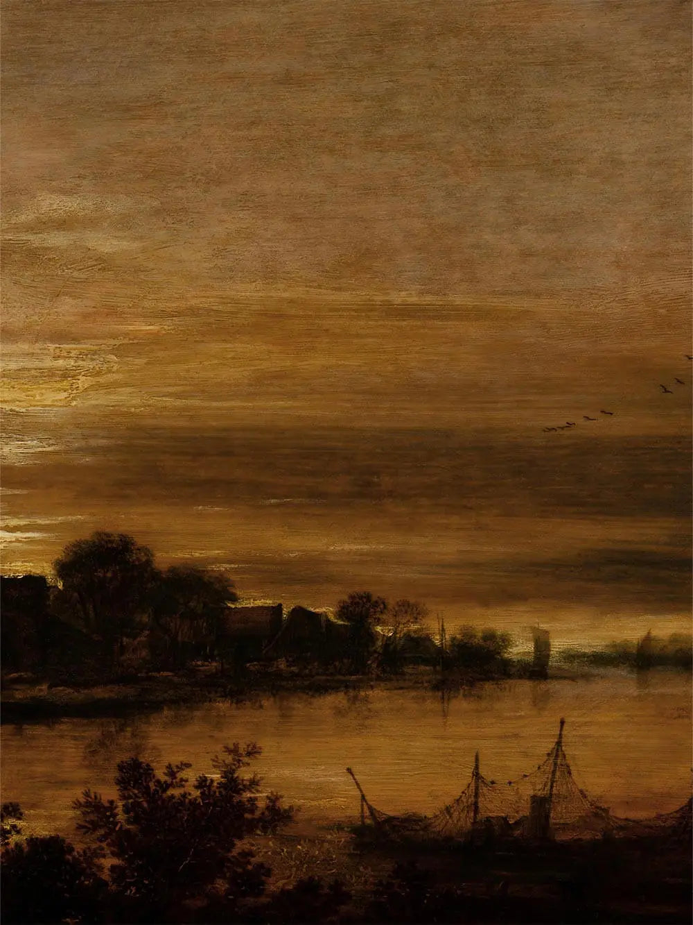 Ausschnitt des Kunstdrucks mit feinen Details der Nachtlandschaft. Der goldene Himmel spiegelt sich im Wasser, die Textur des Papiers ist sanft sichtbar.