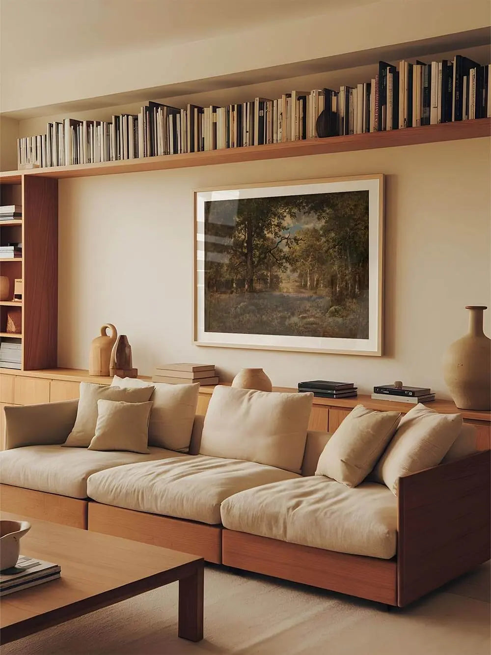 Waldlandschaft Kunstdruck mit Bäumen hängt über einem beigen Sofa. Das gerahmte Wandbild schafft eine ruhige, naturverbundene Stimmung.