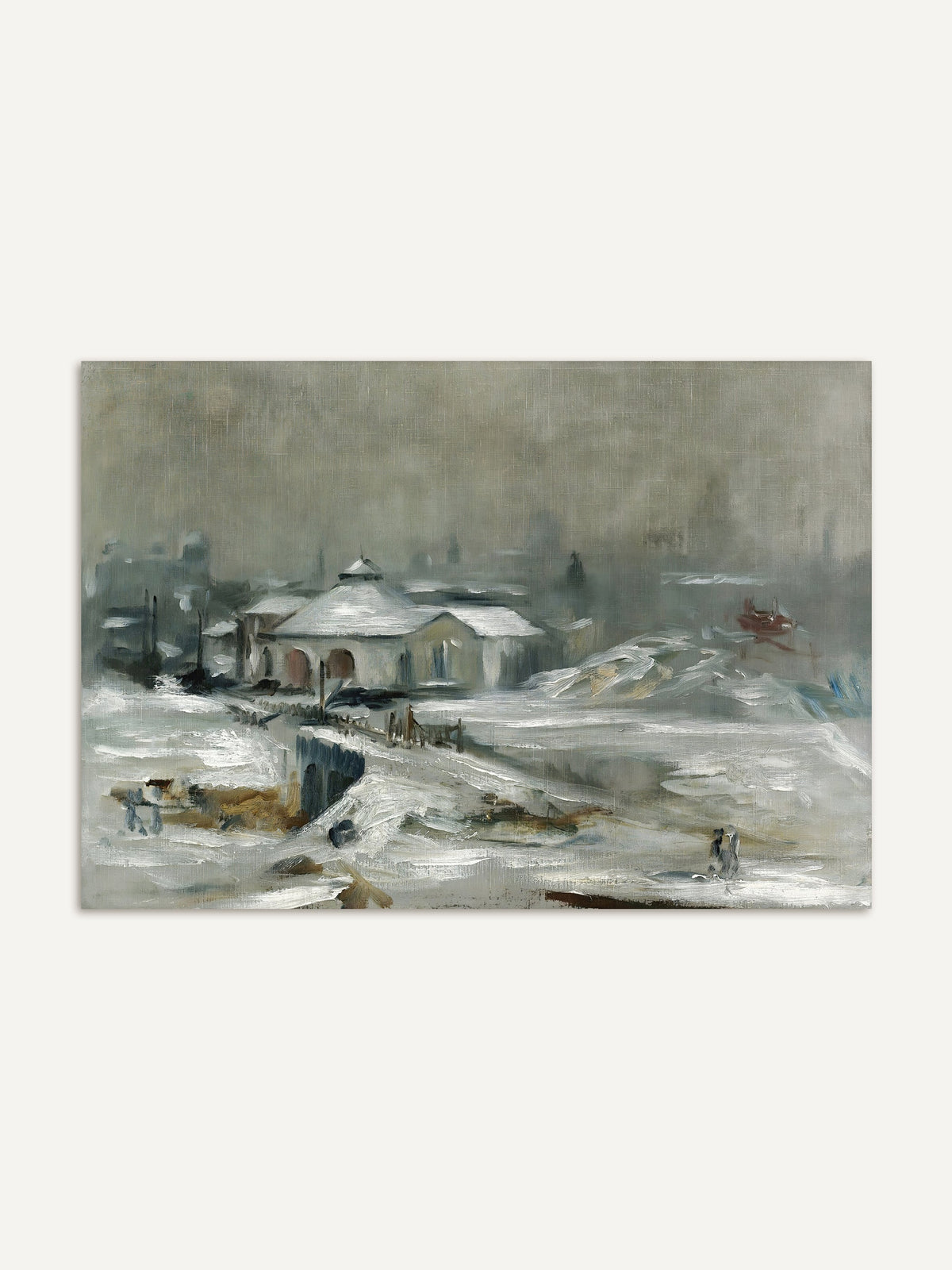 Stimmungsvoller Winterlandschaft Kunstdruck mit verschneiten Häusern und sanften Grautönen. Das Vintage Wandbild fängt die ruhige Atmosphäre einer frostigen Szenerie ein. #Rahmen_Ohne Rahmen