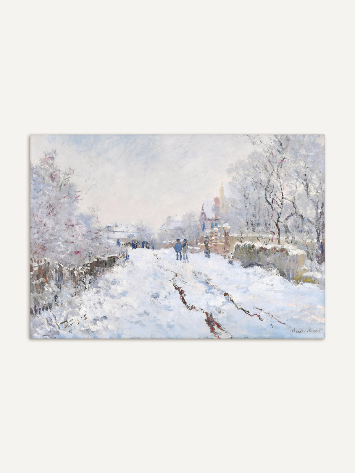 Impressionistischer Winterlandschaft Kunstdruck mit verschneitem Weg, Figuren und Bäumen, helle Farbpalette aus Weiß und sanften Blautönen. #Rahmen_Ohne Rahmen