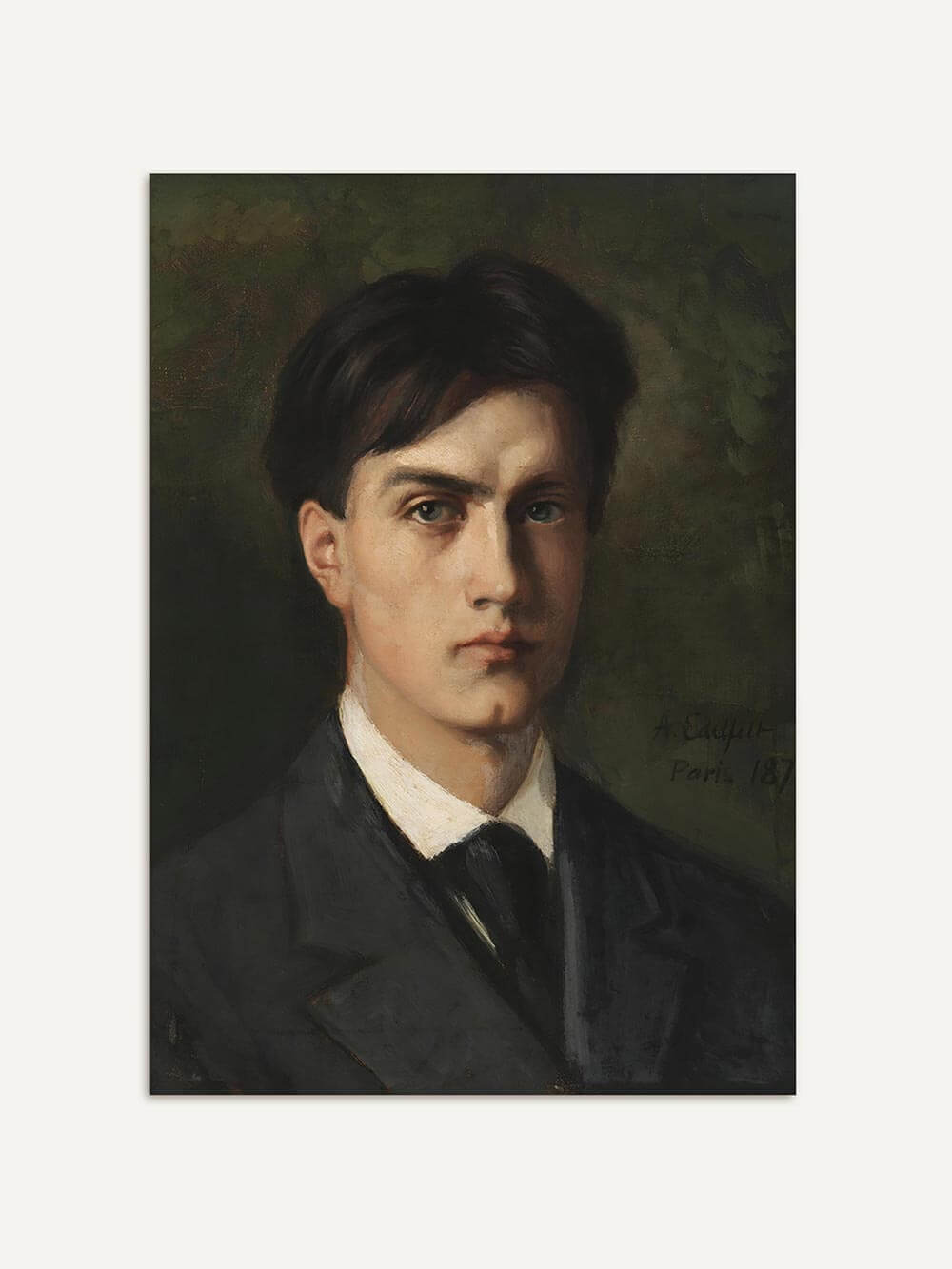 Klassisches Porträt eines jungen Mannes mit dunklem Haar in schwarzem Anzug auf moosgrünem Hintergrund – detailreicher Kunstdruck in realistischer Malweise mit gedämpfter Farbpalette.