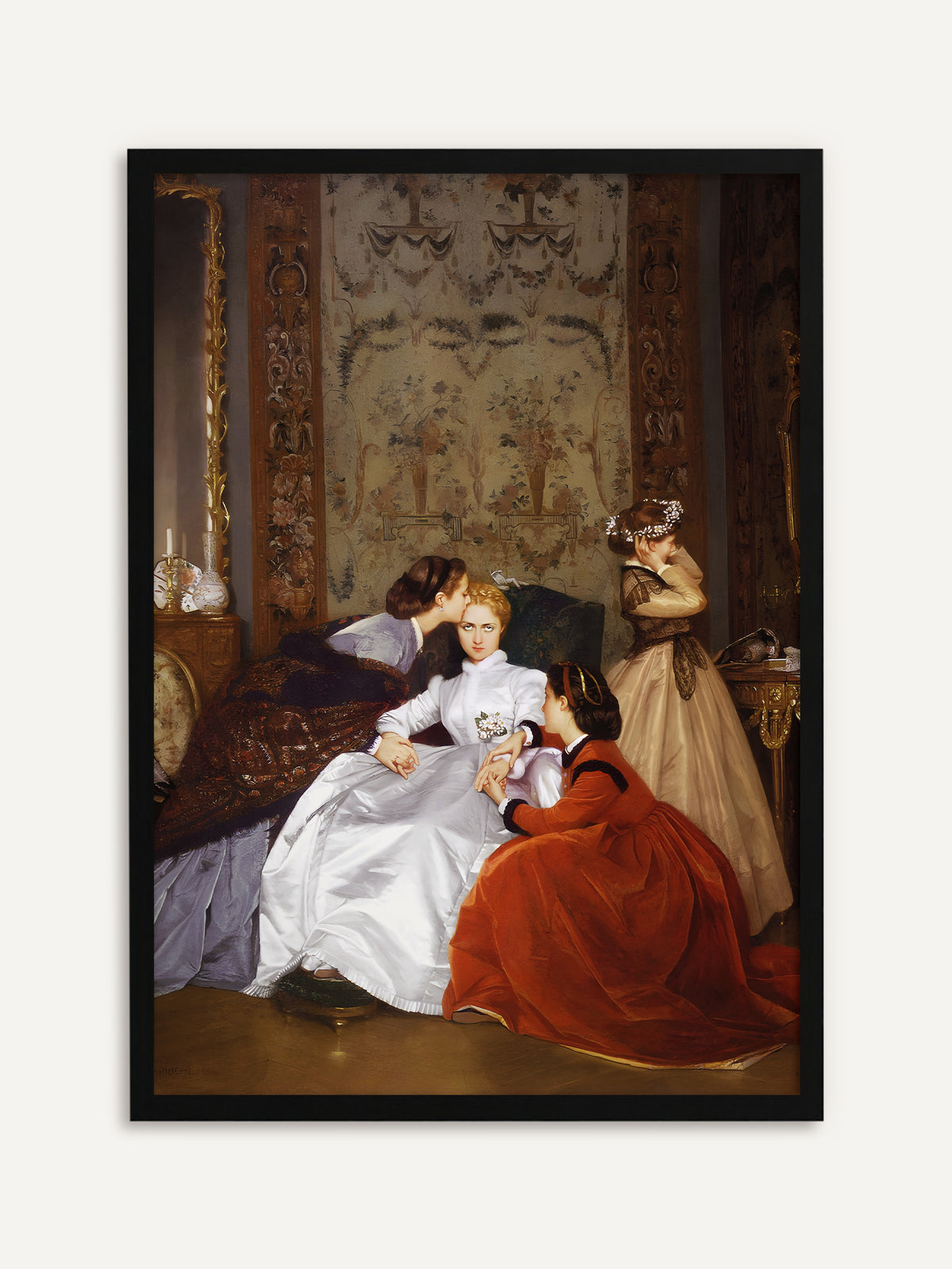 Vintage-Poster mit einer zögernden Braut im weißen Seidenkleid, die von drei Freundinnen in prachtvollen Roben vor einer reich verzierten Salonwand getröstet wird. Mit schwarzem Rahmen bekommt die romantische Szene einen klaren, modernen Kontrast. #Rahmen_Schwarz