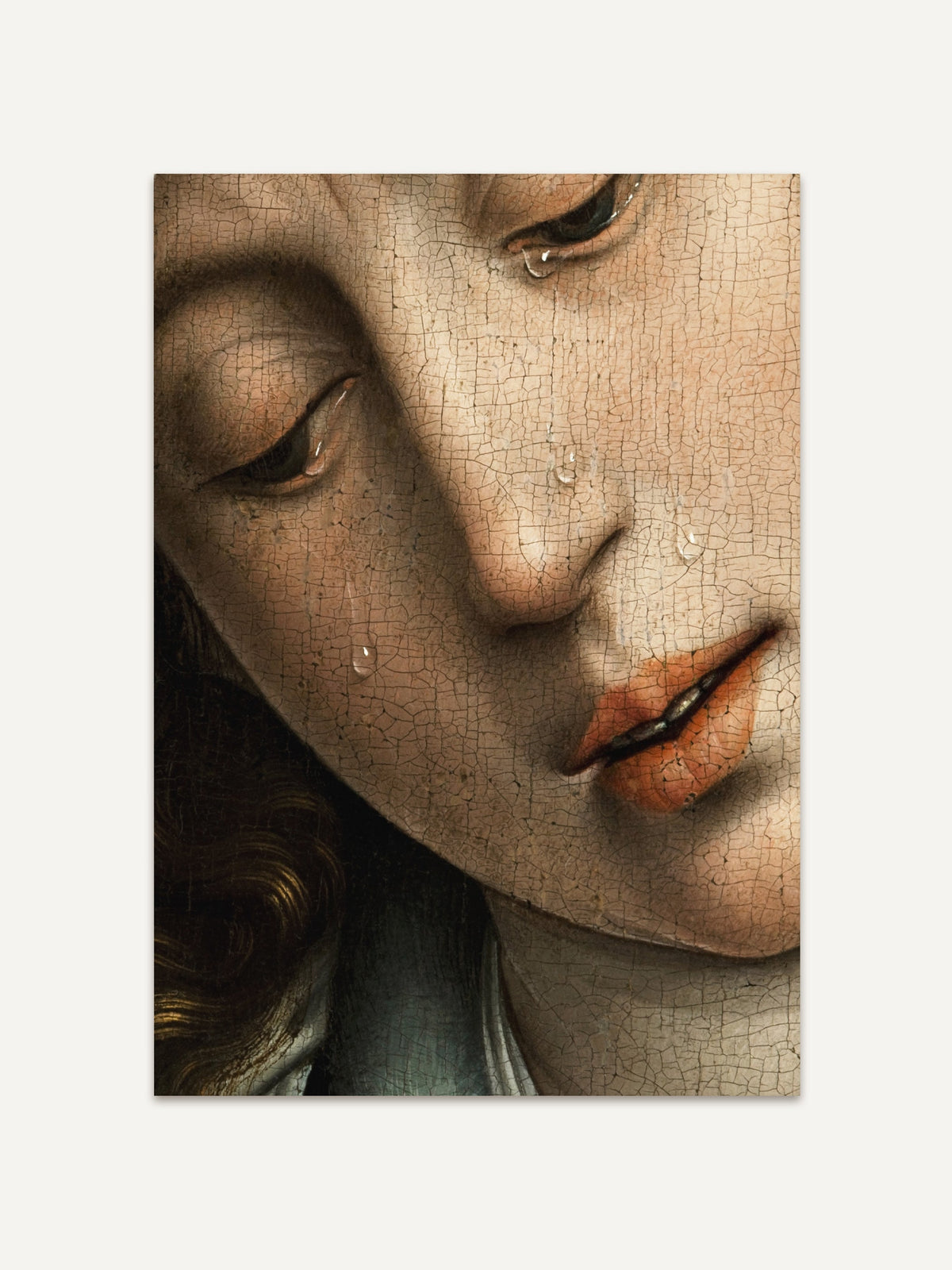 Kunstdruck mit Detail eines weiblichen Gesichts aus der Renaissance, feine Tränen und warme Farbpalette. Ideal als Wandbild für Kunstliebhaber klassischer Porträts und moody Wohnräume. #Rahmen_Ohne Rahmen