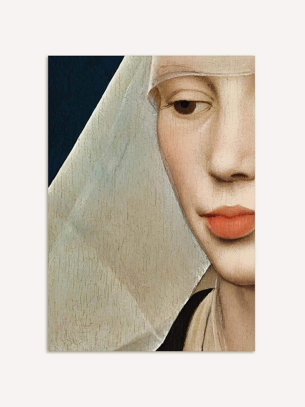 Detail eines Renaissance-Frauenporträts mit hellem Schleier, zarten Lippen und feiner Hautstruktur auf dunklem Hintergrund. Kunstvoller Kunstdruck mit klarer Linienführung und ruhiger Ausstrahlung, perfekt für stilvolle Wanddekoration.