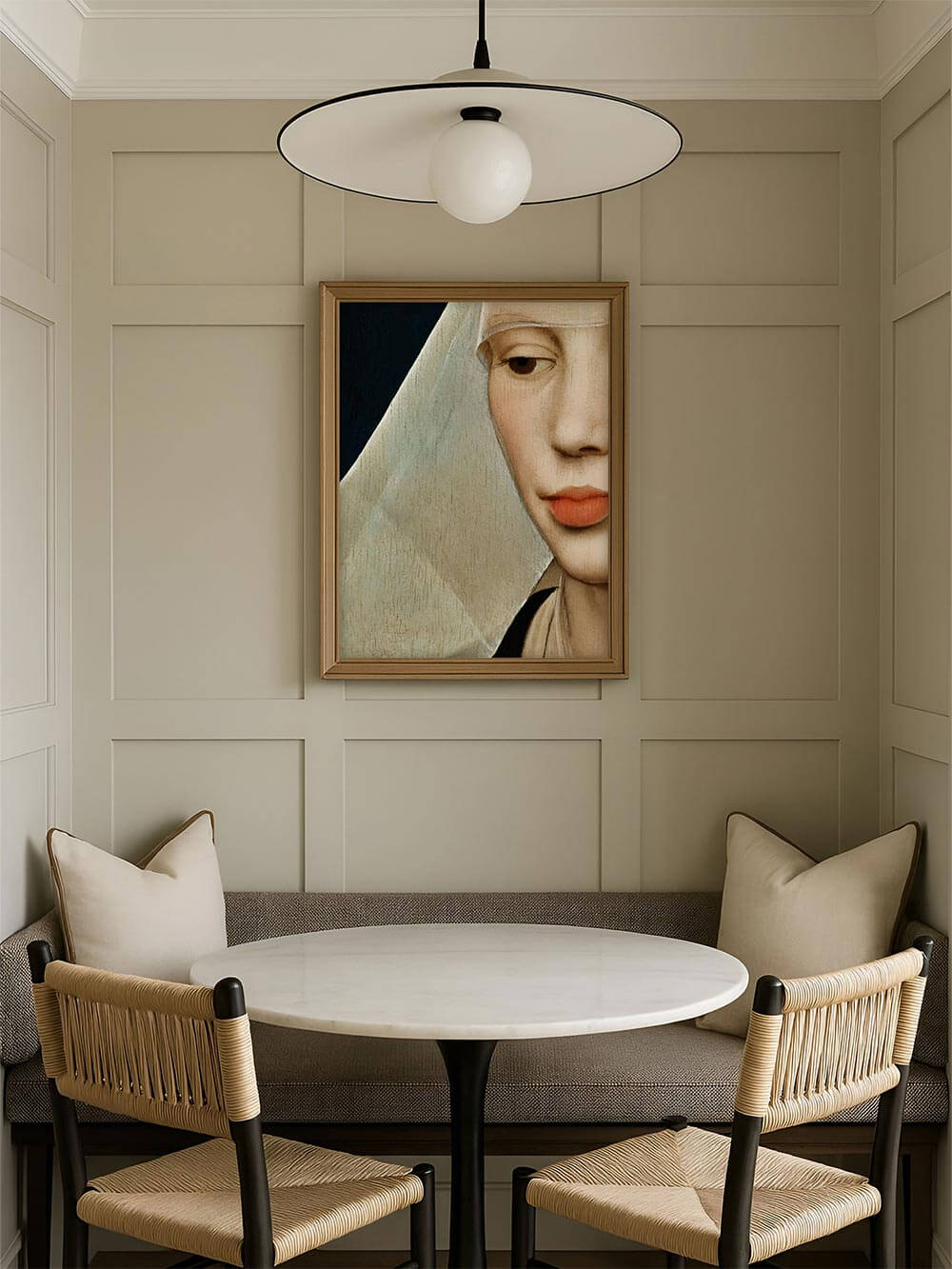 Renaissance-Kunstdruck mit feinem Schleier und Lippenporträt hängt über einem hellen Esstisch mit beigen Polstern. Stilvolle Kombination aus klassischer Kunst und modernem Interieur für dezente Wandgestaltung.