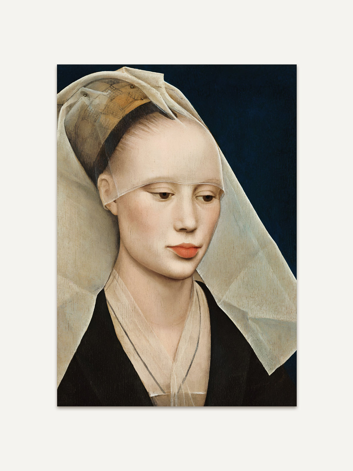 Renaissance-Porträt einer Frau mit zartem Schleier und ruhigem Blick auf dunklem Hintergrund. Feine Farbnuancen und weiche Lichtführung verleihen dem Kunstdruck eine elegante, zeitlose Wirkung für klassische Wohnräume. #Rahmen_Ohne Rahmen