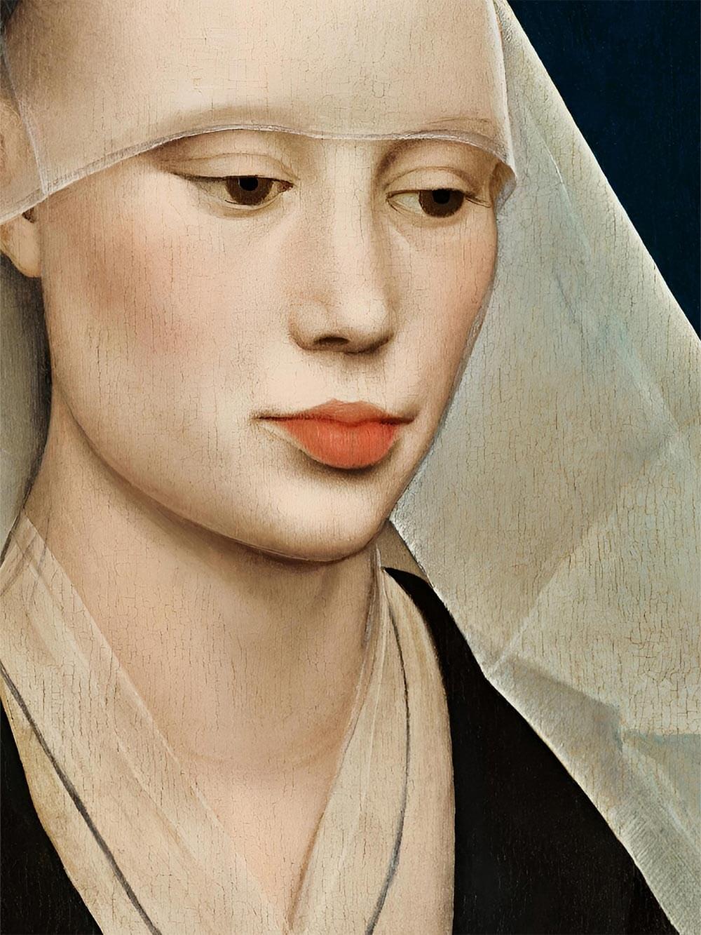 Nahaufnahme des Gesichts mit Fokus auf den feinen Schleier und die sanfte Farbgebung. Der Kunstdruck zeigt meisterhafte Details und eine weiche Textur, ideal für Liebhaber historischer Porträtkunst.