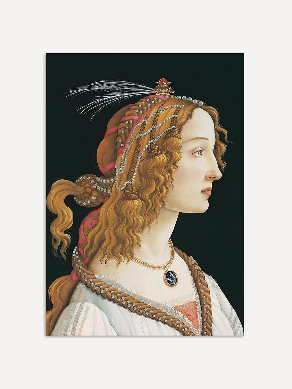 Renaissance-Porträt einer Frau im Profil mit goldenem Haar, Perlen und Federschmuck auf dunklem Hintergrund. Ausdrucksstarker Kunstdruck mit klassischer Anmutung, ideal für elegante Wohnräume und kunstvolle Wanddekoration.