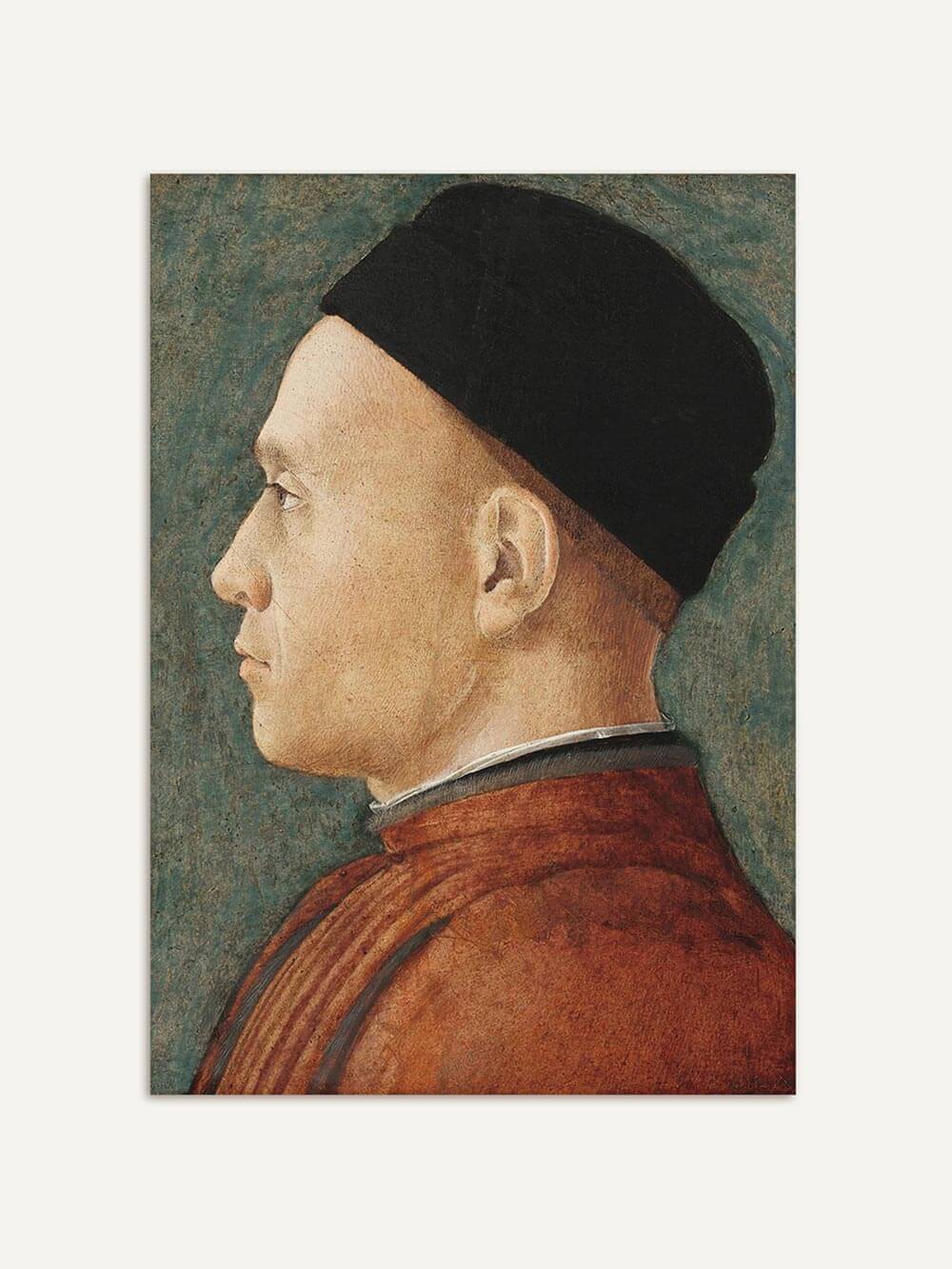 Hochwertiger Kunstdruck eines Renaissance-Porträts: ein Mann mit ernster Miene, schwarz gekleidet vor einer gealterten, blaugrünen Wand. Kunstvolle Wanddekoration für ein zeitloses Ambiente.