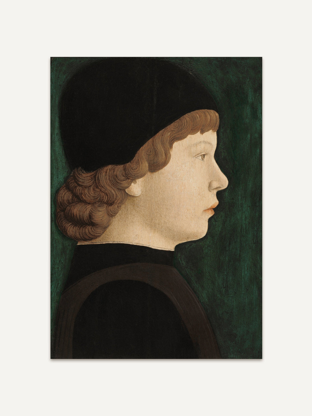 Klassisches Renaissance-Porträt eines Jungen mit dunklem Gewand und grünem Hintergrund. Hochwertiger Kunstdruck für stilvolle Wanddekoration im Vintage- oder Kunstliebhaber-Stil. #Rahmen_Ohne Rahmen