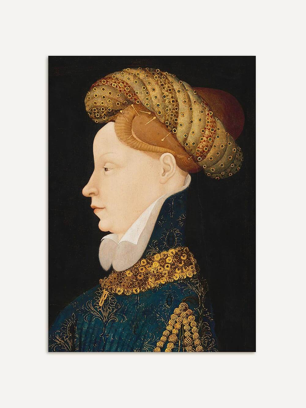 Renaissance-Porträt einer Frau im Profil mit kunstvoller Turbanhaube in Goldtönen und dunkelblauer, bestickter Kleidung. Zeitloser Kunstdruck mit feinen Details und klassischer Eleganz für stilvolle Wanddekoration.
