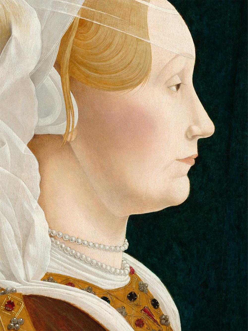 Nahaufnahme zeigt den feinen Pinselstrich, den transparenten Schleier und den Perlenschmuck des Renaissance-Porträts. Hochwertiger Kunstdruck mit authentischer Farbbrillanz und strukturierter Oberfläche.