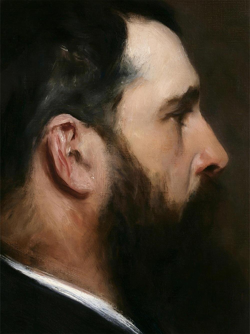 Nahaufnahme des Männerporträts mit Fokus auf Bart, Ohr und dezente Lichtreflexe auf der Haut. Hochwertiger Kunstdruck mit realistischer Textur und eleganter Farbgebung in dunklen Tönen.